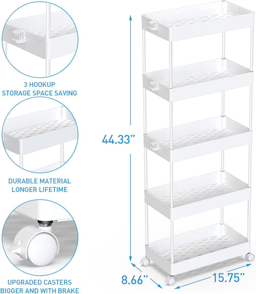 4/5  Tier Slim Rolling Storage Cart Bathroom Organizer Mobile Shelving Unit Utility Cart Tower Rack for Kitchen Laundry Narrow Places, White