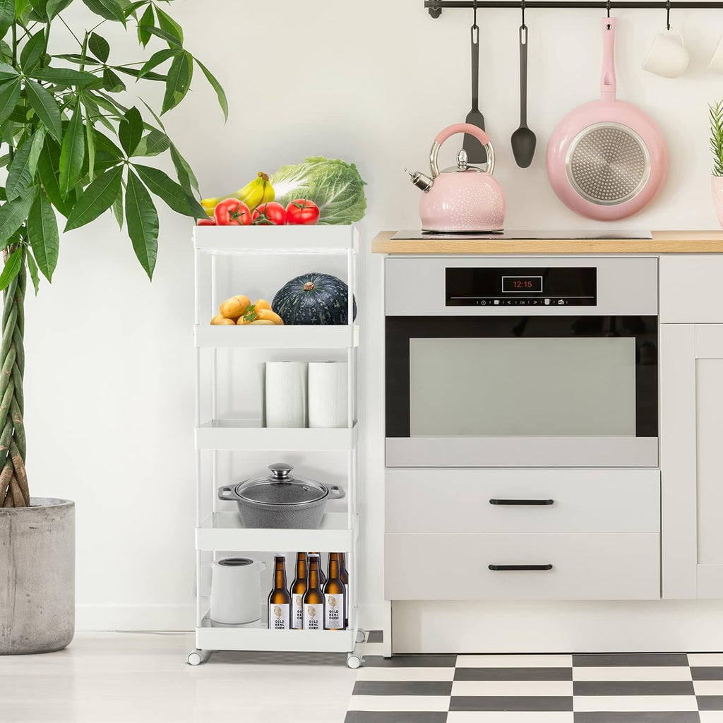 4/5  Tier Slim Rolling Storage Cart Bathroom Organizer Mobile Shelving Unit Utility Cart Tower Rack for Kitchen Laundry Narrow Places, White
