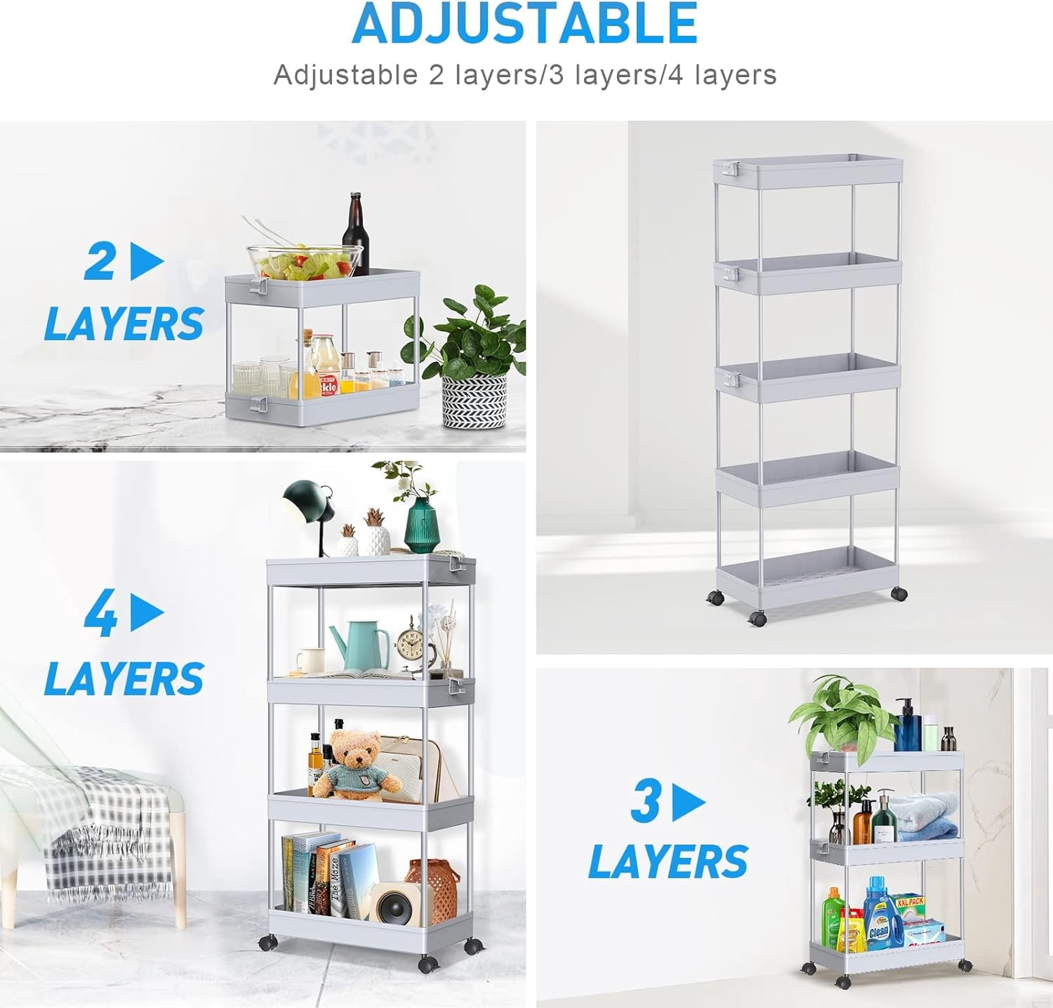 4/5  Tier Slim Rolling Storage Cart Bathroom Organizer Mobile Shelving Unit Utility Cart Tower Rack for Kitchen Laundry Narrow Places, White