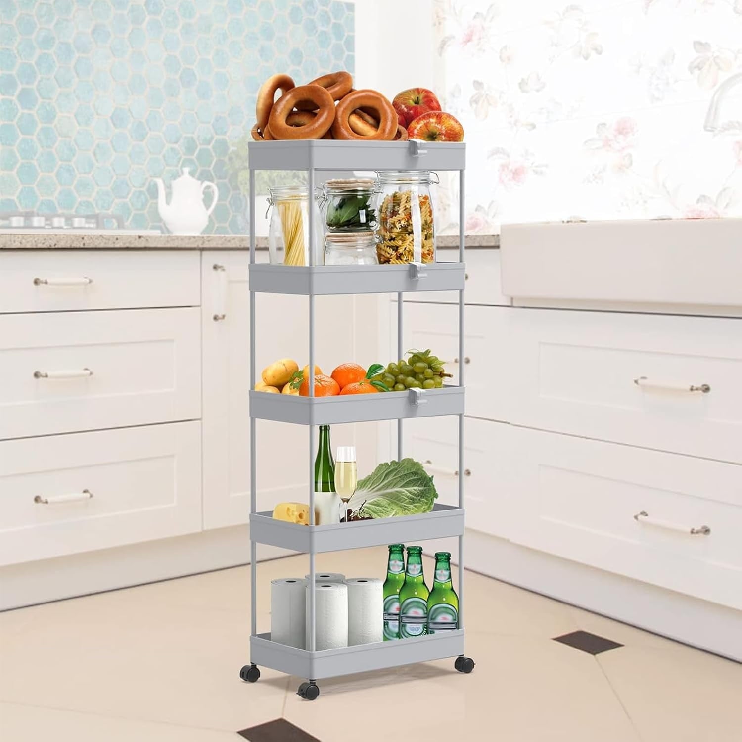 4/5  Tier Slim Rolling Storage Cart Bathroom Organizer Mobile Shelving Unit Utility Cart Tower Rack for Kitchen Laundry Narrow Places, White