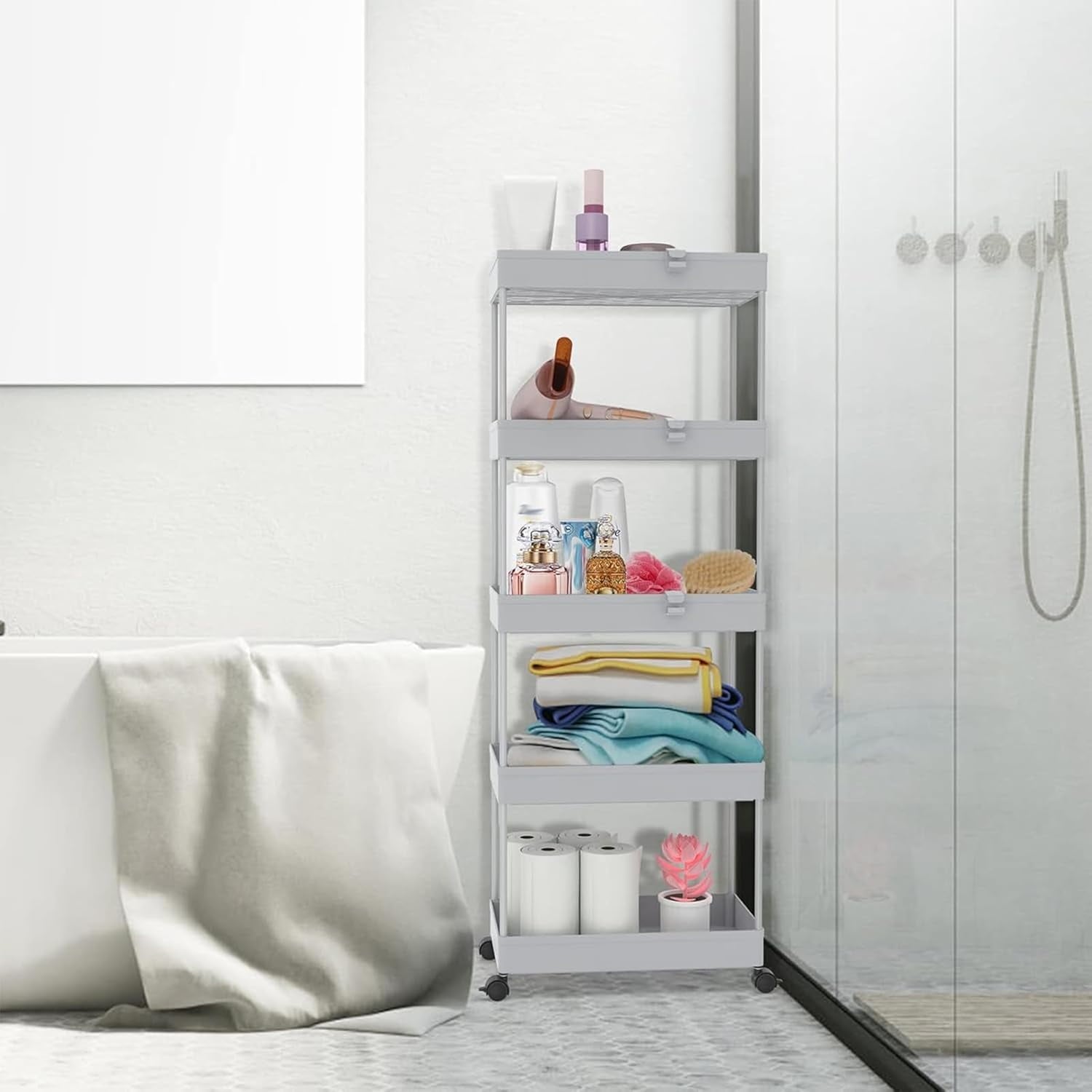 4/5  Tier Slim Rolling Storage Cart Bathroom Organizer Mobile Shelving Unit Utility Cart Tower Rack for Kitchen Laundry Narrow Places, White