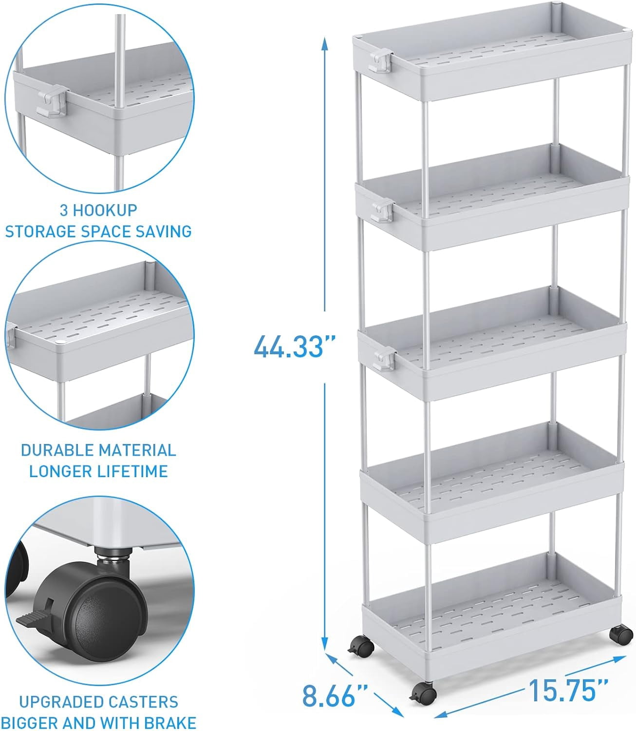 4/5  Tier Slim Rolling Storage Cart Bathroom Organizer Mobile Shelving Unit Utility Cart Tower Rack for Kitchen Laundry Narrow Places, White