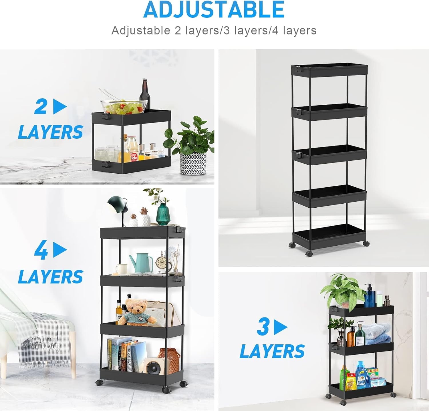 4/5  Tier Slim Rolling Storage Cart Bathroom Organizer Mobile Shelving Unit Utility Cart Tower Rack for Kitchen Laundry Narrow Places, White
