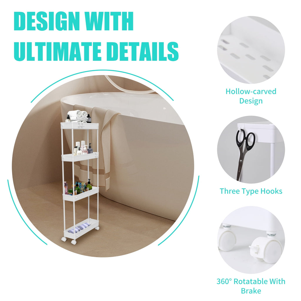 4/5  Tier Slim Rolling Storage Cart Bathroom Organizer Mobile Shelving Unit Utility Cart Tower Rack for Kitchen Laundry Narrow Places, White
