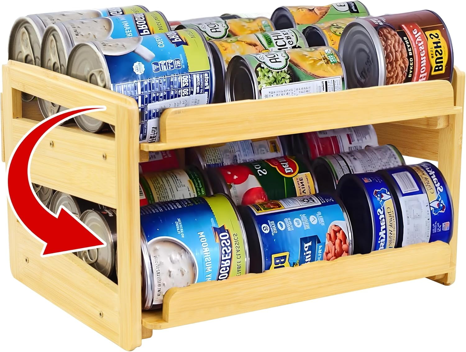 Adjustable Can Organizer Rack, Two Tier Bamboo Stackable FIFO Cans Dispenser, Modern Style, Countertop, Assembly Required, Anti Shedding