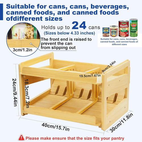 Adjustable Can Organizer Rack, Two Tier Bamboo Stackable FIFO Cans Dispenser, Modern Style, Countertop, Assembly Required, Anti Shedding