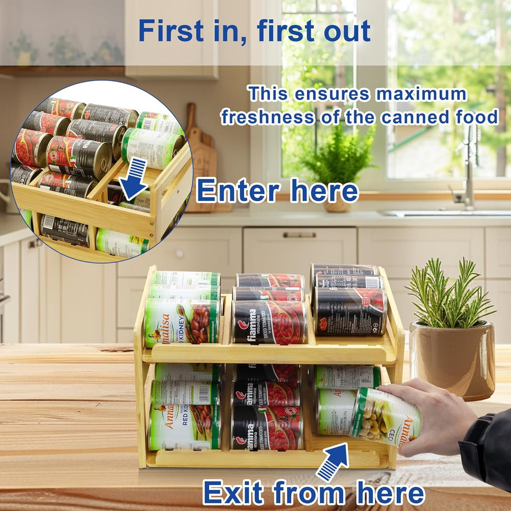 Adjustable Can Organizer Rack, Two Tier Bamboo Stackable FIFO Cans Dispenser, Modern Style, Countertop, Assembly Required, Anti Shedding