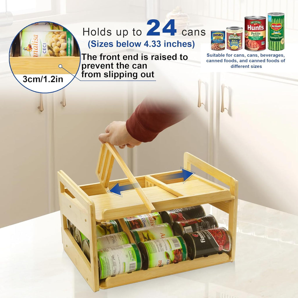 Adjustable Can Organizer Rack, Two Tier Bamboo Stackable FIFO Cans Dispenser, Modern Style, Countertop, Assembly Required, Anti Shedding