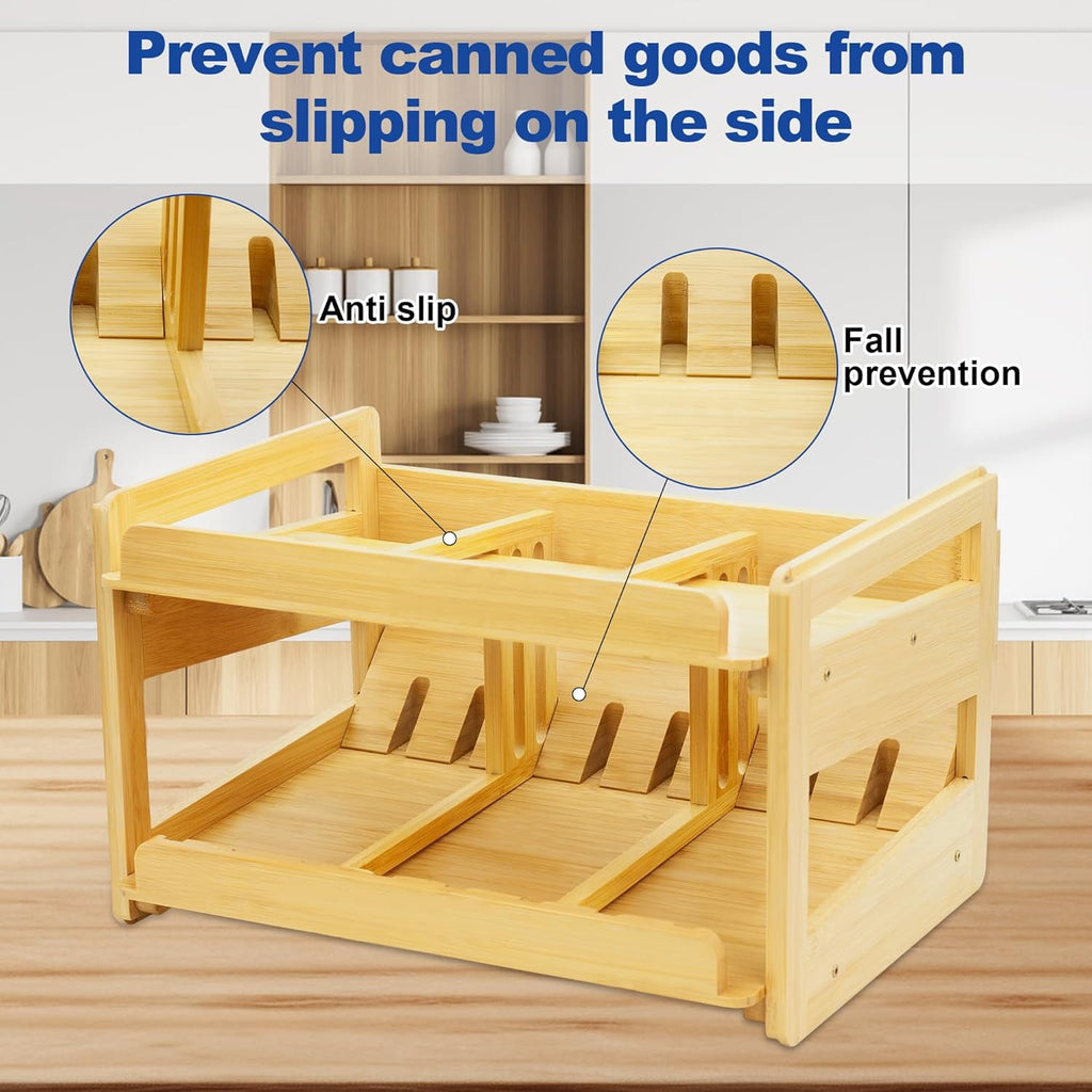Adjustable Can Organizer Rack, Two Tier Bamboo Stackable FIFO Cans Dispenser, Modern Style, Countertop, Assembly Required, Anti Shedding