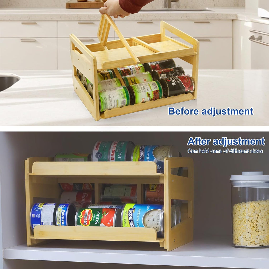 Adjustable Can Organizer Rack, Two Tier Bamboo Stackable FIFO Cans Dispenser, Modern Style, Countertop, Assembly Required, Anti Shedding