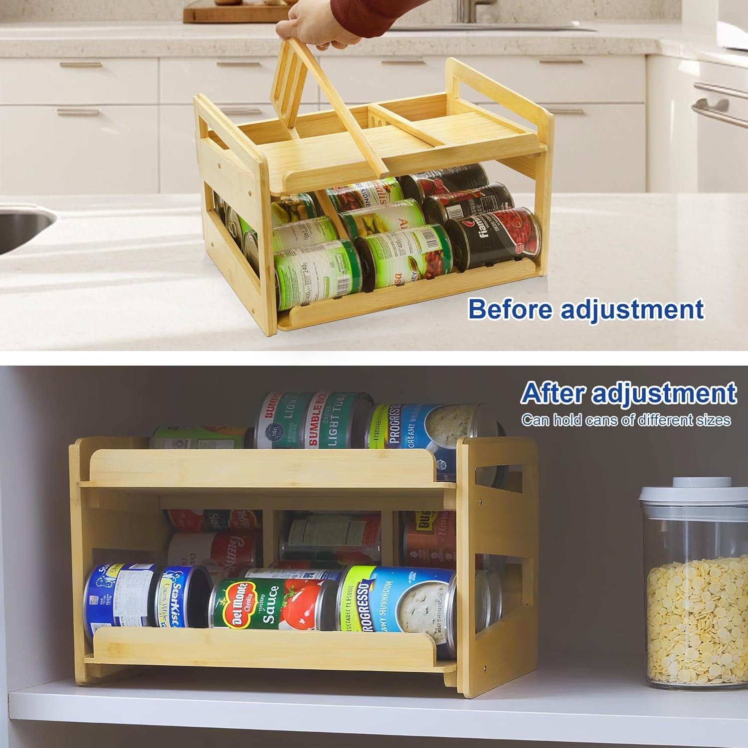 Adjustable Can Organizer Rack, Two Tier Bamboo Stackable FIFO Cans Dispenser, Modern Style, Countertop, Assembly Required, Anti Shedding