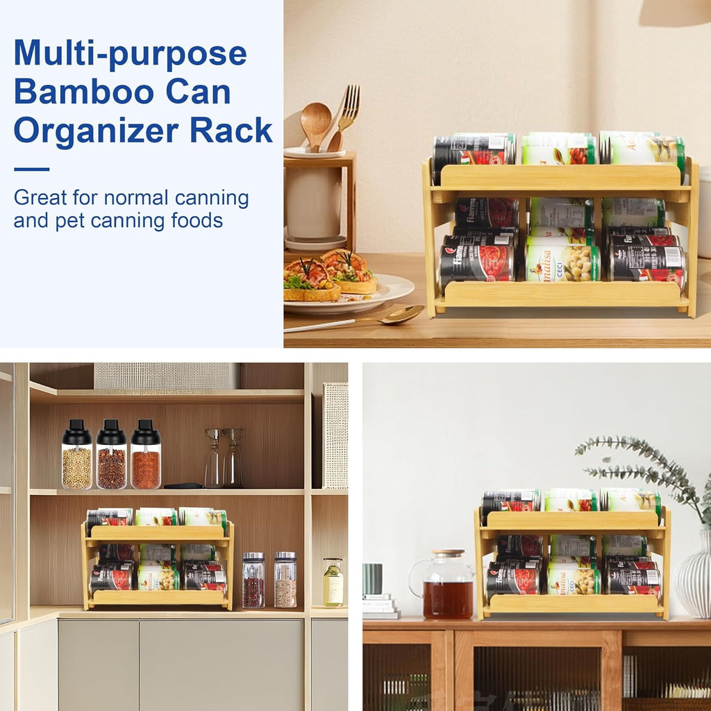 Adjustable Can Organizer Rack, Two Tier Bamboo Stackable FIFO Cans Dispenser, Modern Style, Countertop, Assembly Required, Anti Shedding