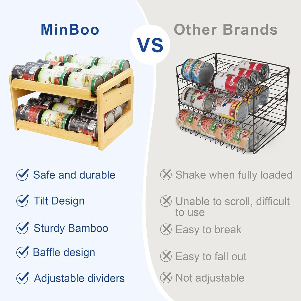 Adjustable Can Organizer Rack, Two Tier Bamboo Stackable FIFO Cans Dispenser, Modern Style, Countertop, Assembly Required, Anti Shedding