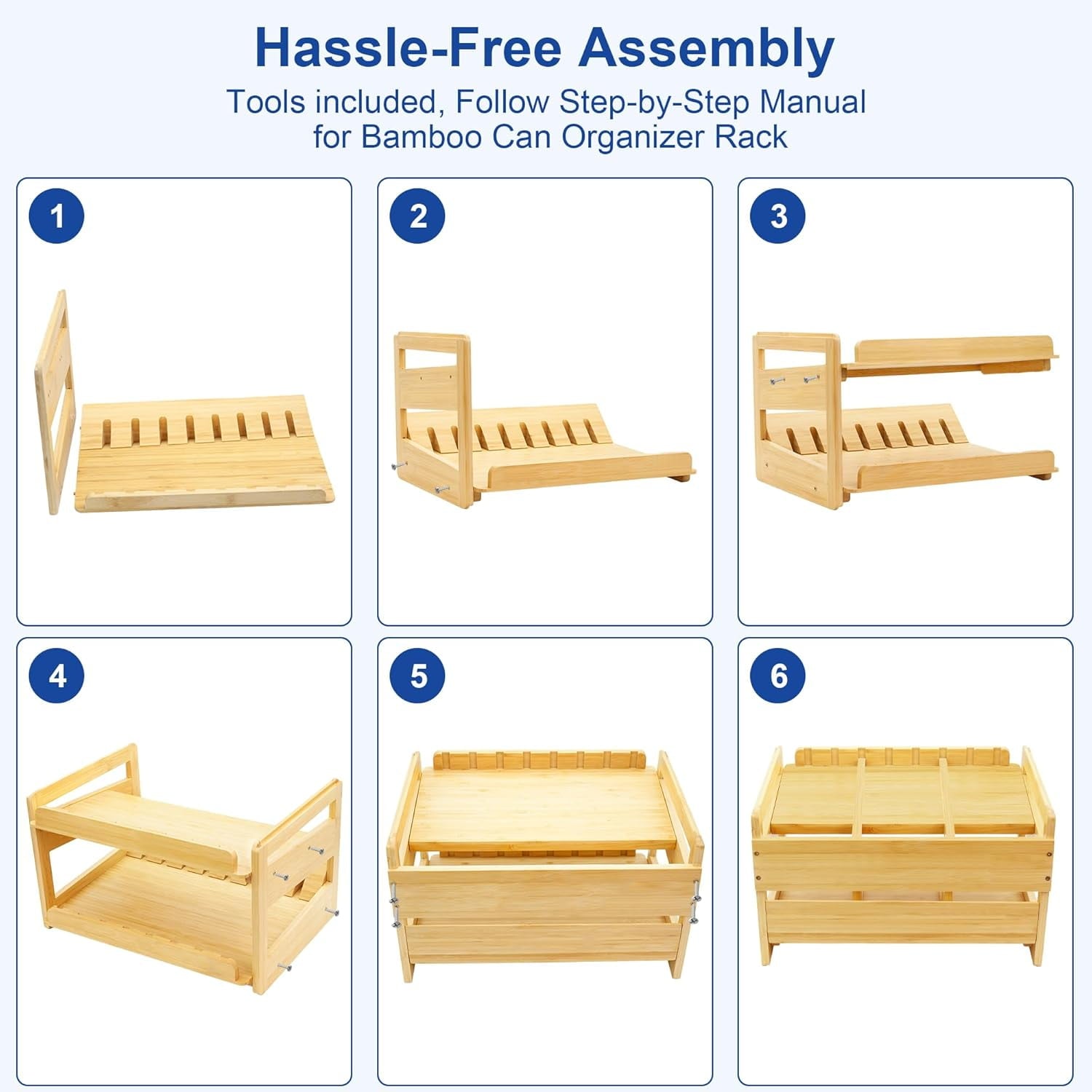 Adjustable Can Organizer Rack, Two Tier Bamboo Stackable FIFO Cans Dispenser, Modern Style, Countertop, Assembly Required, Anti Shedding