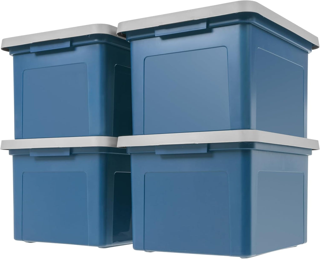 File Box Plastic File Organizer for Letter/Legal File, Document Box, Durable Storage Bin Tote with Secure Latching Lid, Stackable, BPA-Free, Eco Friendly, Sustainable, Navy/Gray 35 Qt. 4 Pack