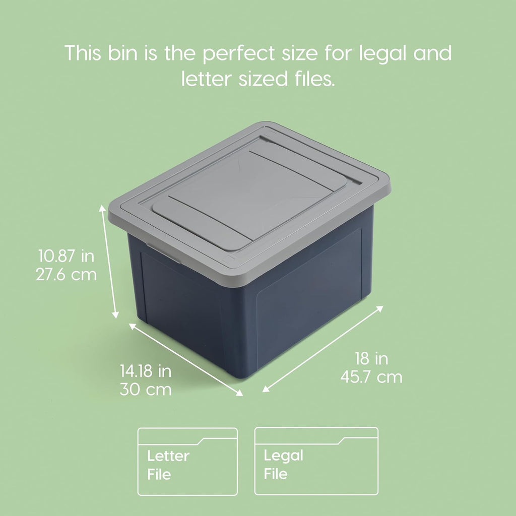 File Box Plastic File Organizer for Letter/Legal File, Document Box, Durable Storage Bin Tote with Secure Latching Lid, Stackable, BPA-Free, Eco Friendly, Sustainable, Navy/Gray 35 Qt. 4 Pack