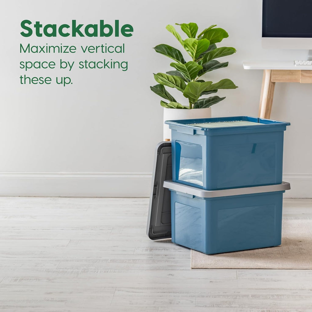 File Box Plastic File Organizer for Letter/Legal File, Document Box, Durable Storage Bin Tote with Secure Latching Lid, Stackable, BPA-Free, Eco Friendly, Sustainable, Navy/Gray 35 Qt. 4 Pack