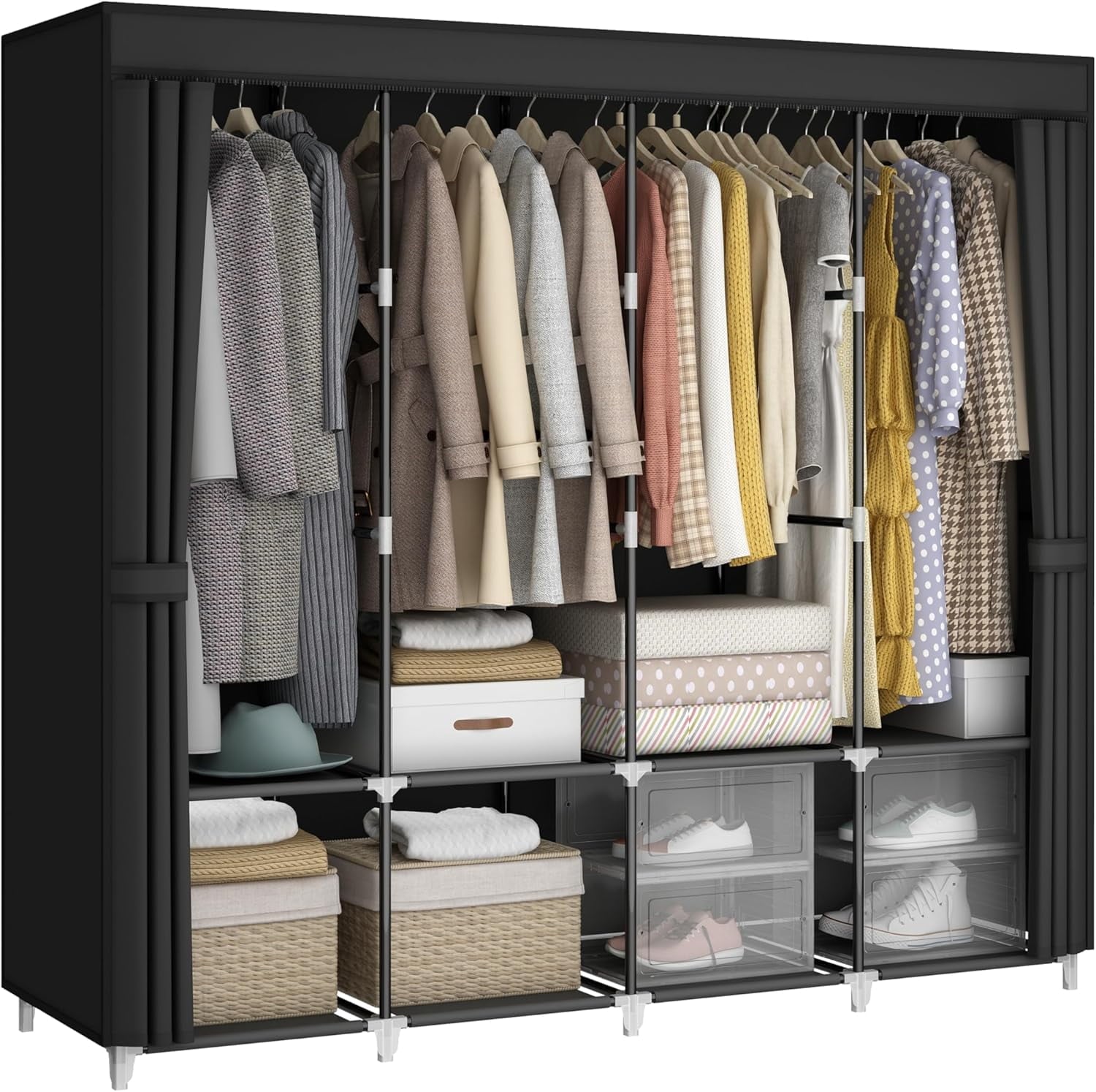 Portable Closet Wardrobe 67-Inch Clothes Organizer with 4 Hanging Rods and 8 Shees Non-Woven Fabric Cover Large Capacity Storage for Bedroom and Living Room Black