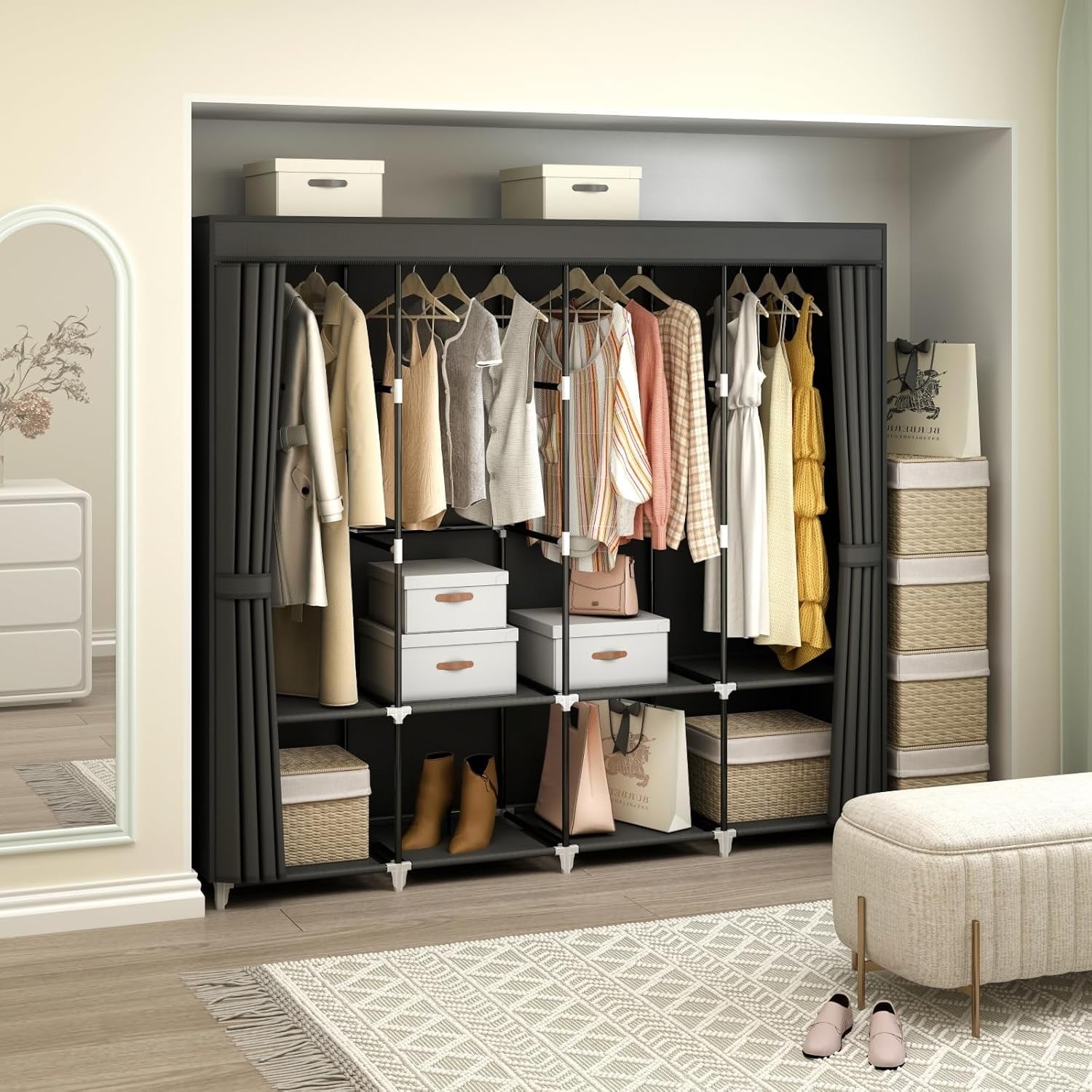 Portable Closet Wardrobe 67-Inch Clothes Organizer with 4 Hanging Rods and 8 Shees Non-Woven Fabric Cover Large Capacity Storage for Bedroom and Living Room Black