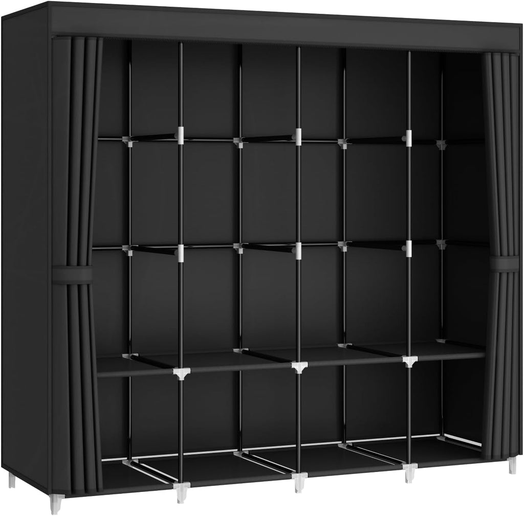 Portable Closet Wardrobe 67-Inch Clothes Organizer with 4 Hanging Rods and 8 Shees Non-Woven Fabric Cover Large Capacity Storage for Bedroom and Living Room Black