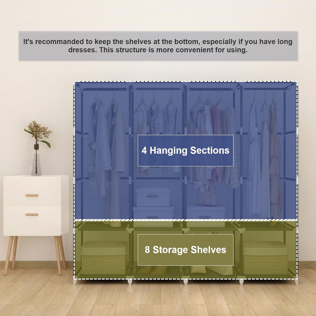 Portable Closet Wardrobe 67-Inch Clothes Organizer with 4 Hanging Rods and 8 Shees Non-Woven Fabric Cover Large Capacity Storage for Bedroom and Living Room Black