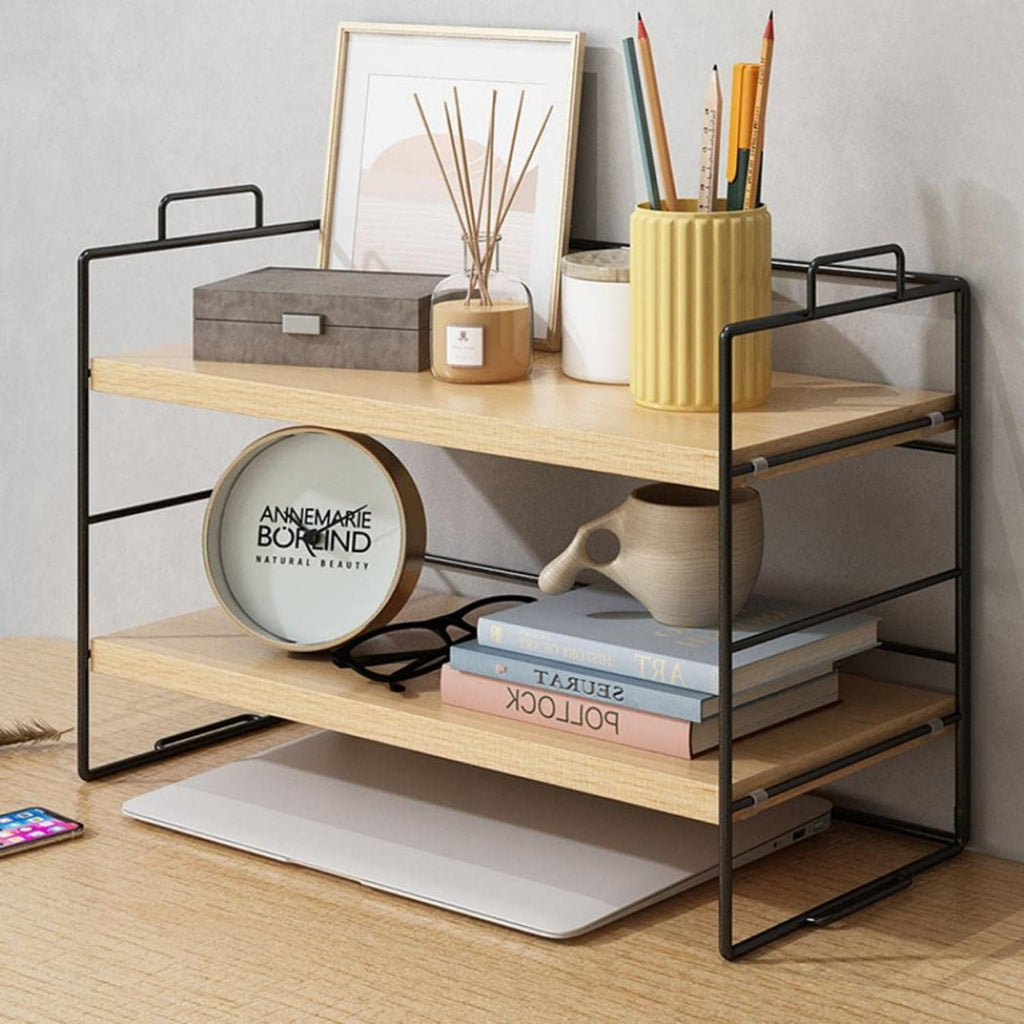 Desktop Shelf Organizer, Small Wood Countertop Bookshelf Adjustable Desktop Organizer Office, Desk Storage Tabletop Display Shelf for Home Office Dorm