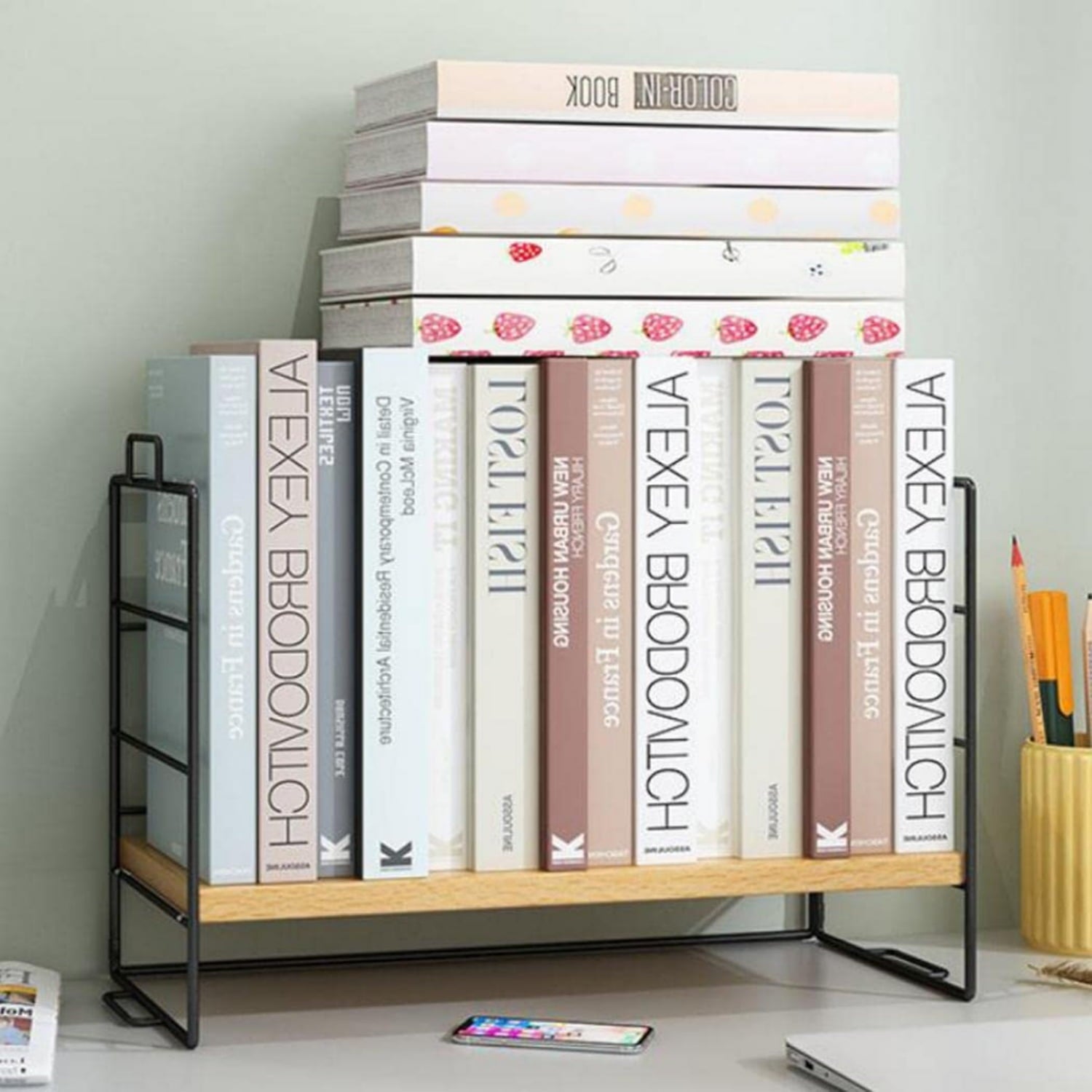 Desktop Shelf Organizer, Small Wood Countertop Bookshelf Adjustable Desktop Organizer Office, Desk Storage Tabletop Display Shelf for Home Office Dorm