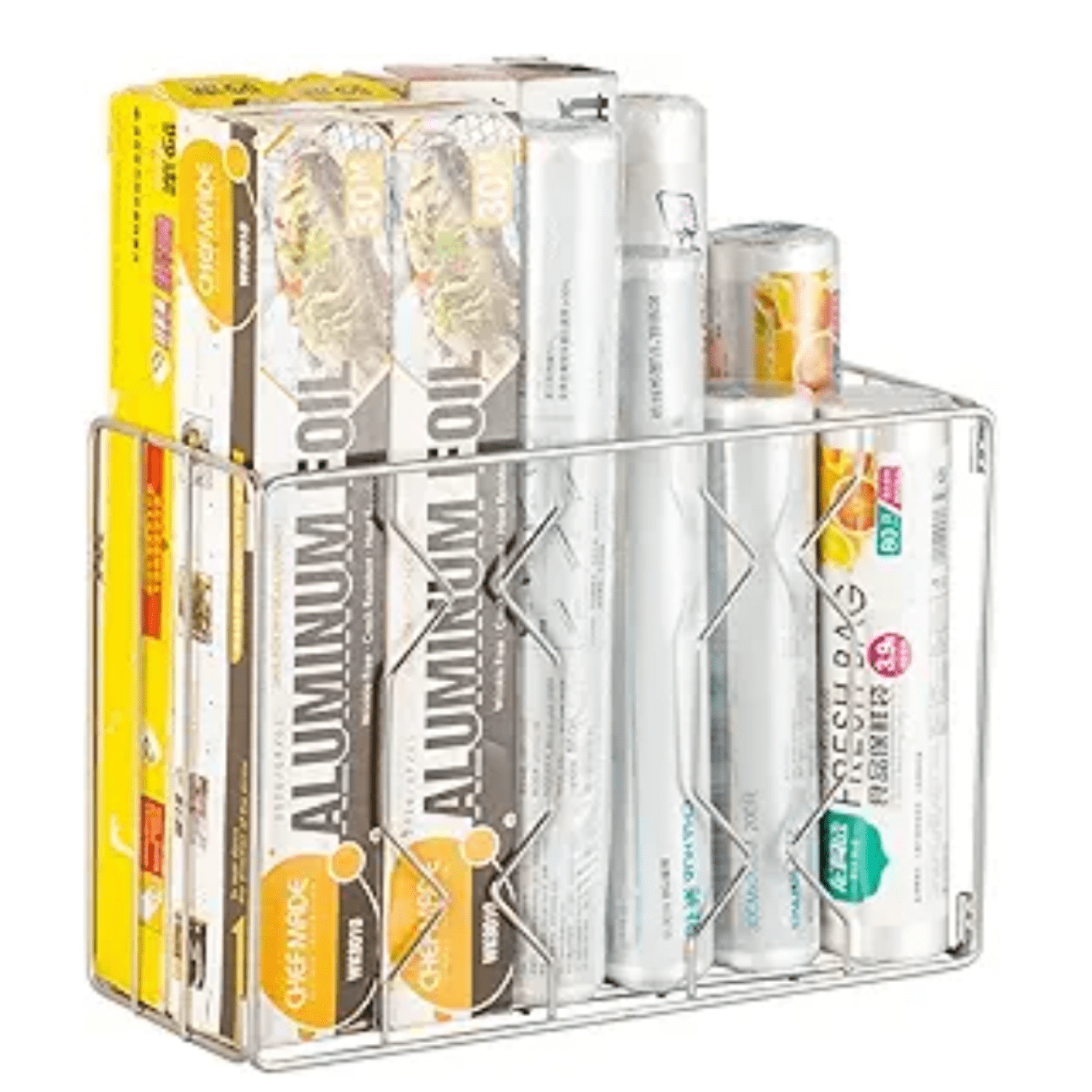 Wall Mount Kitchen Wrap Organizer Rack, Cabinet Storage Basket, Aluminum Foil Rack, Mounts to Solid Cabinet Doors or Walls, Tall Basket Door Mount Cabinet Organizer