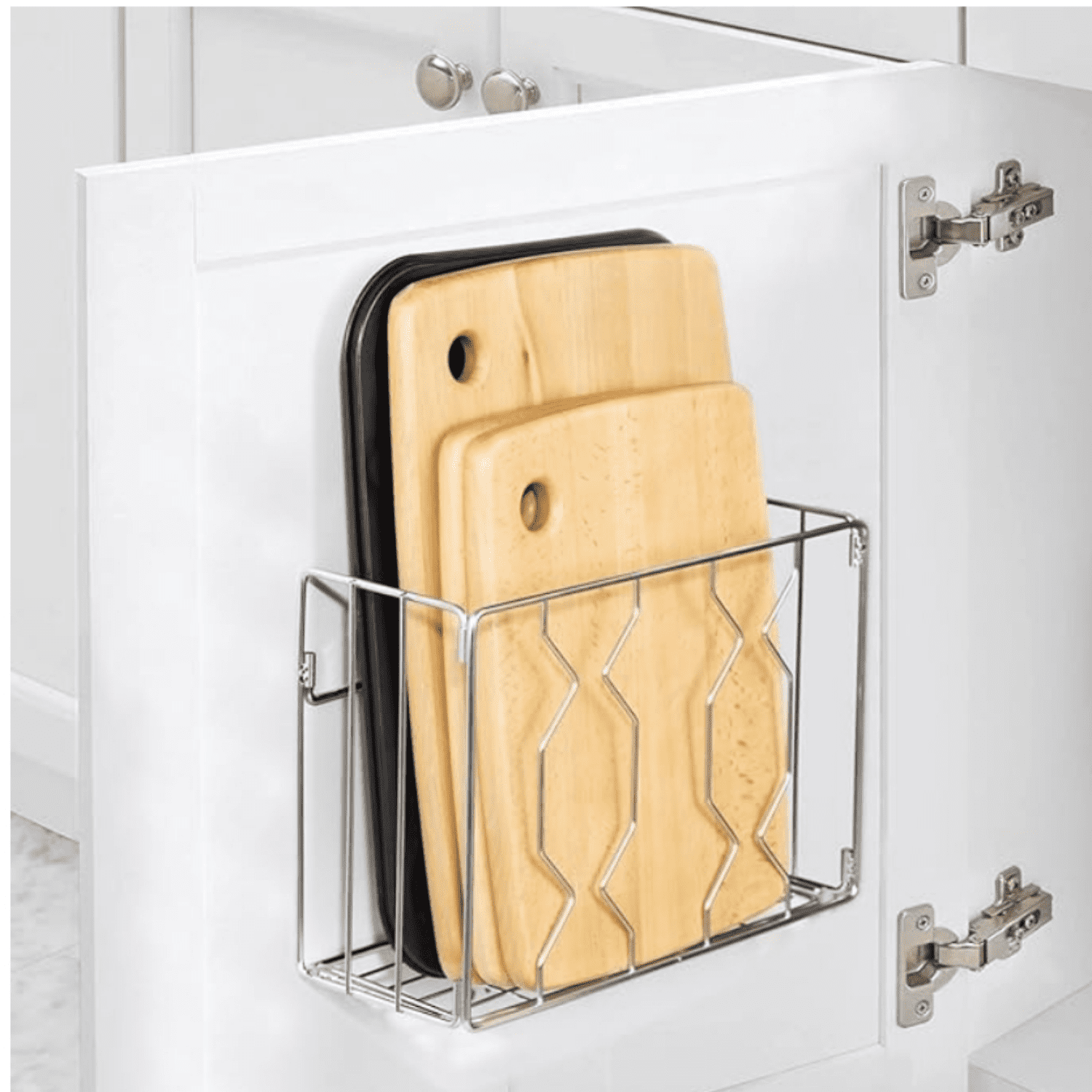 Wall Mount Kitchen Wrap Organizer Rack, Cabinet Storage Basket, Aluminum Foil Rack, Mounts to Solid Cabinet Doors or Walls, Tall Basket Door Mount Cabinet Organizer