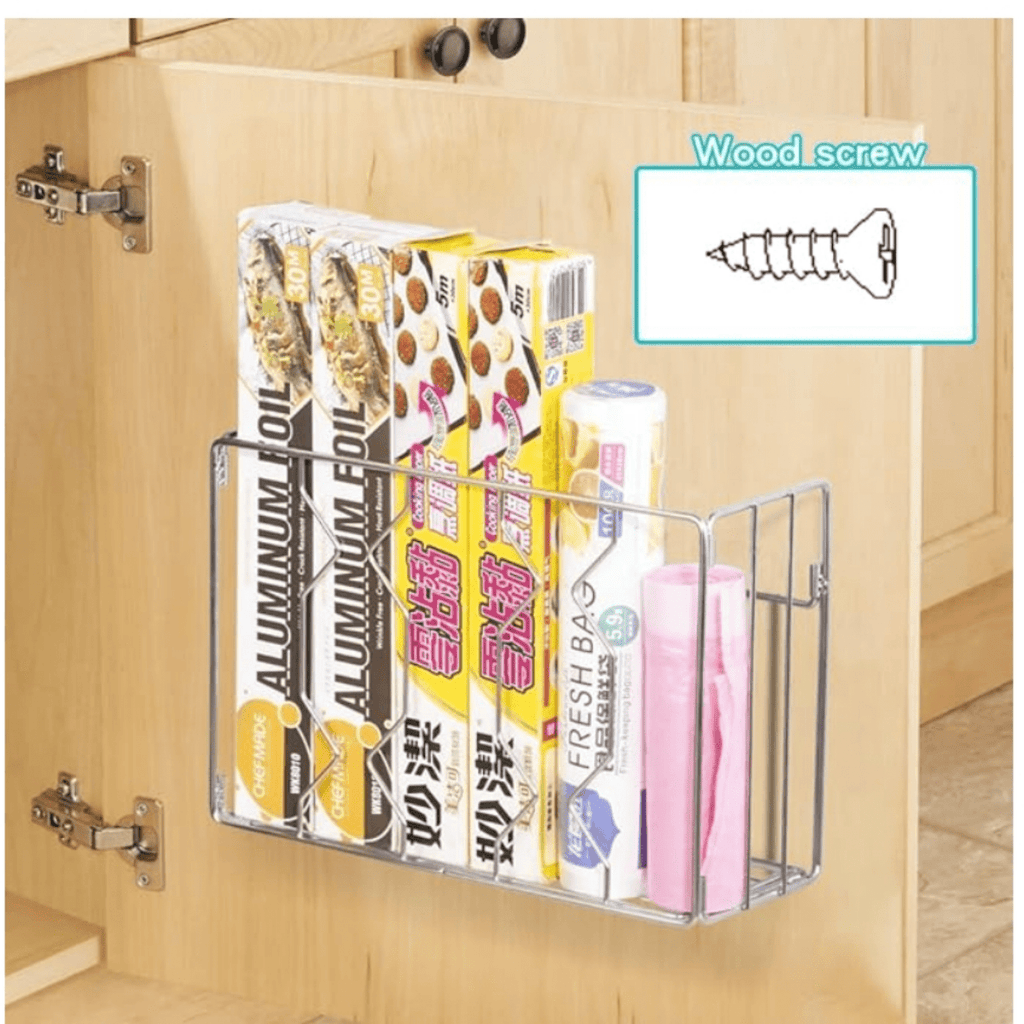 Wall Mount Kitchen Wrap Organizer Rack, Cabinet Storage Basket, Aluminum Foil Rack, Mounts to Solid Cabinet Doors or Walls, Tall Basket Door Mount Cabinet Organizer
