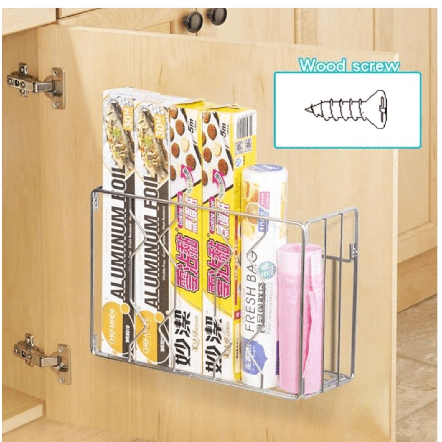 Wall Mount Kitchen Wrap Organizer Rack, Cabinet Storage Basket, Aluminum Foil Rack, Mounts to Solid Cabinet Doors or Walls, Tall Basket Door Mount Cabinet Organizer