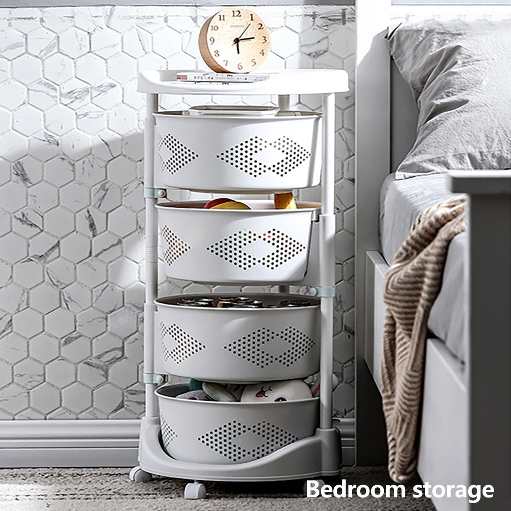 4 Tier Kitchen Storage Cart Multi-Layer Storage Basket with Wheels Kitchen Fruit &amp; Vegetable Storage Rack Rolling Storage Cart for Kitchen Living Room Bedroom, White