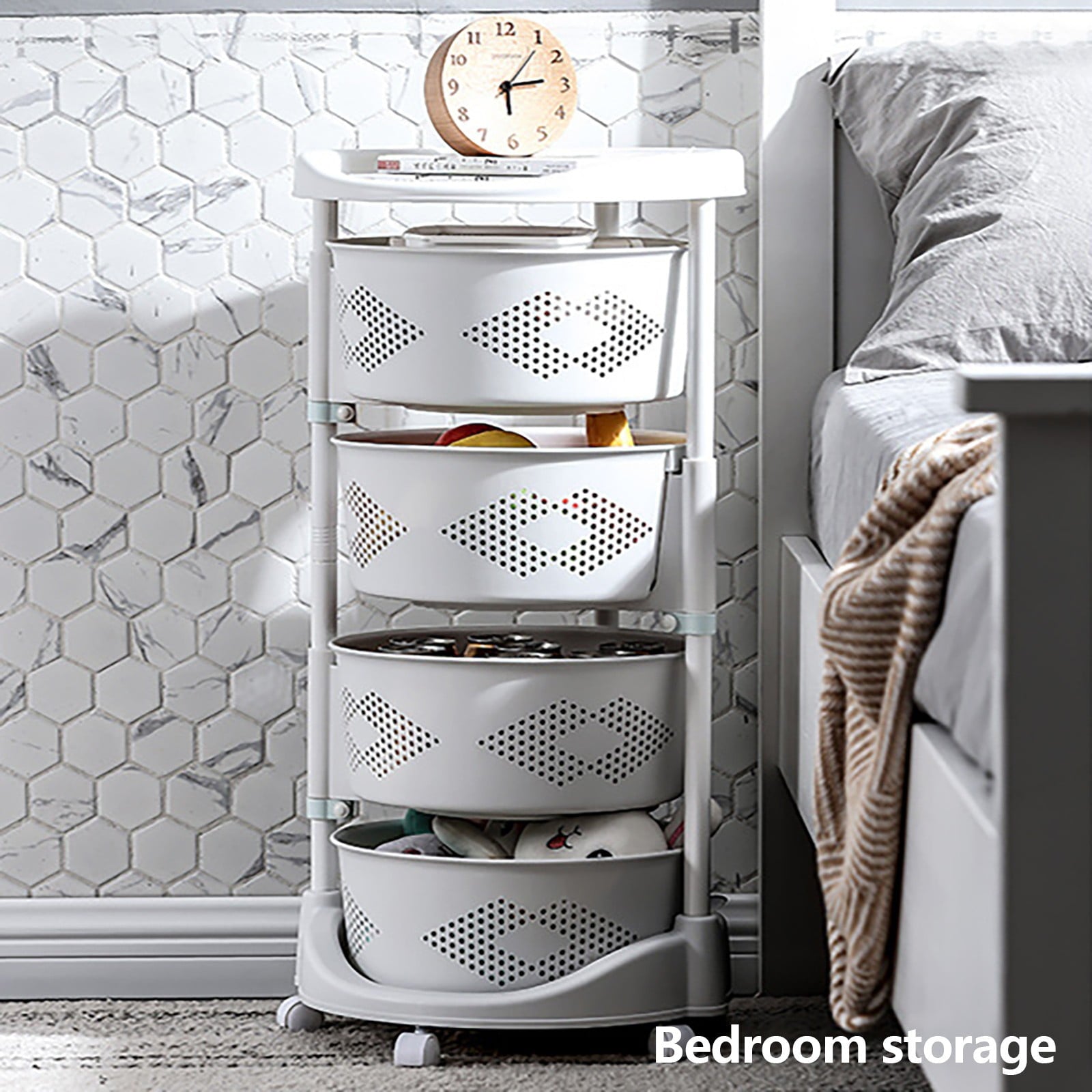4 Tier Kitchen Storage Cart Multi-Layer Storage Basket with Wheels Kitchen Fruit &amp; Vegetable Storage Rack Rolling Storage Cart for Kitchen Living Room Bedroom, White