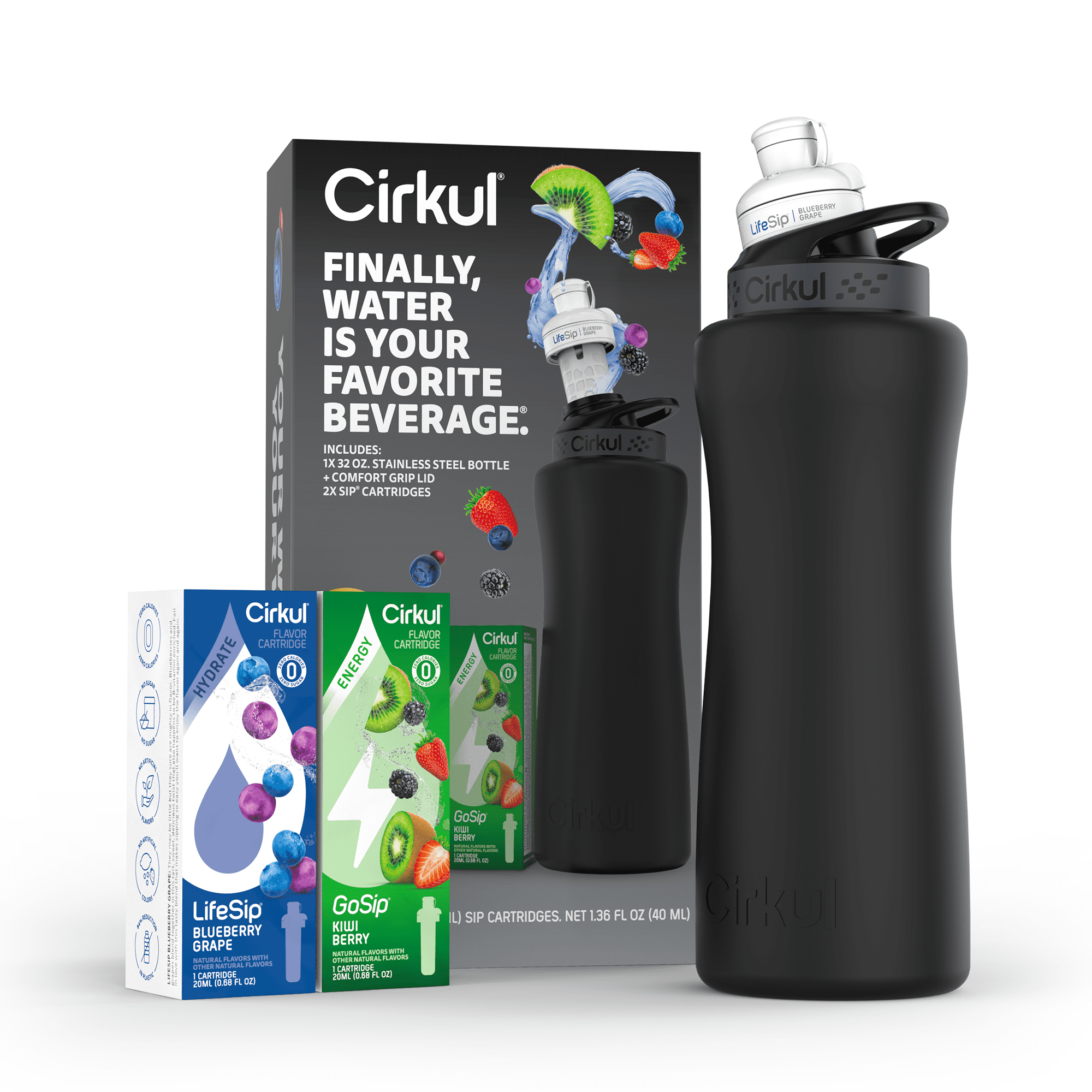 32oz Matte Black Stainless Steel Starter Kit with Matte Black  Lid 2.0 and 2 Flavor Cartridges (Blueberry Grape &amp; Kiwi Berry)
