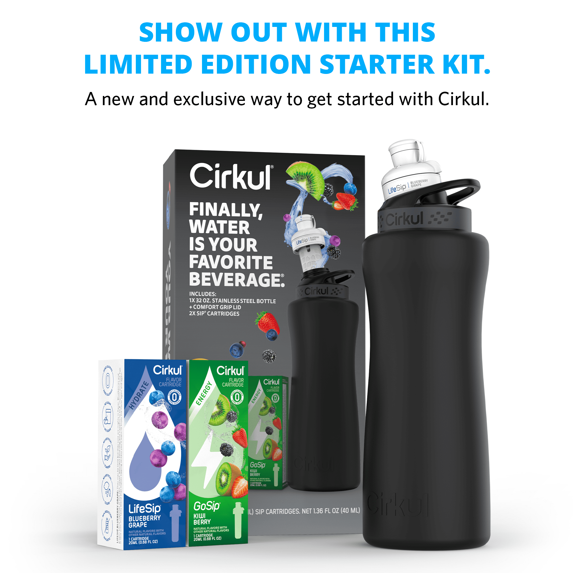 32oz Matte Black Stainless Steel Starter Kit with Matte Black  Lid 2.0 and 2 Flavor Cartridges (Blueberry Grape &amp; Kiwi Berry)