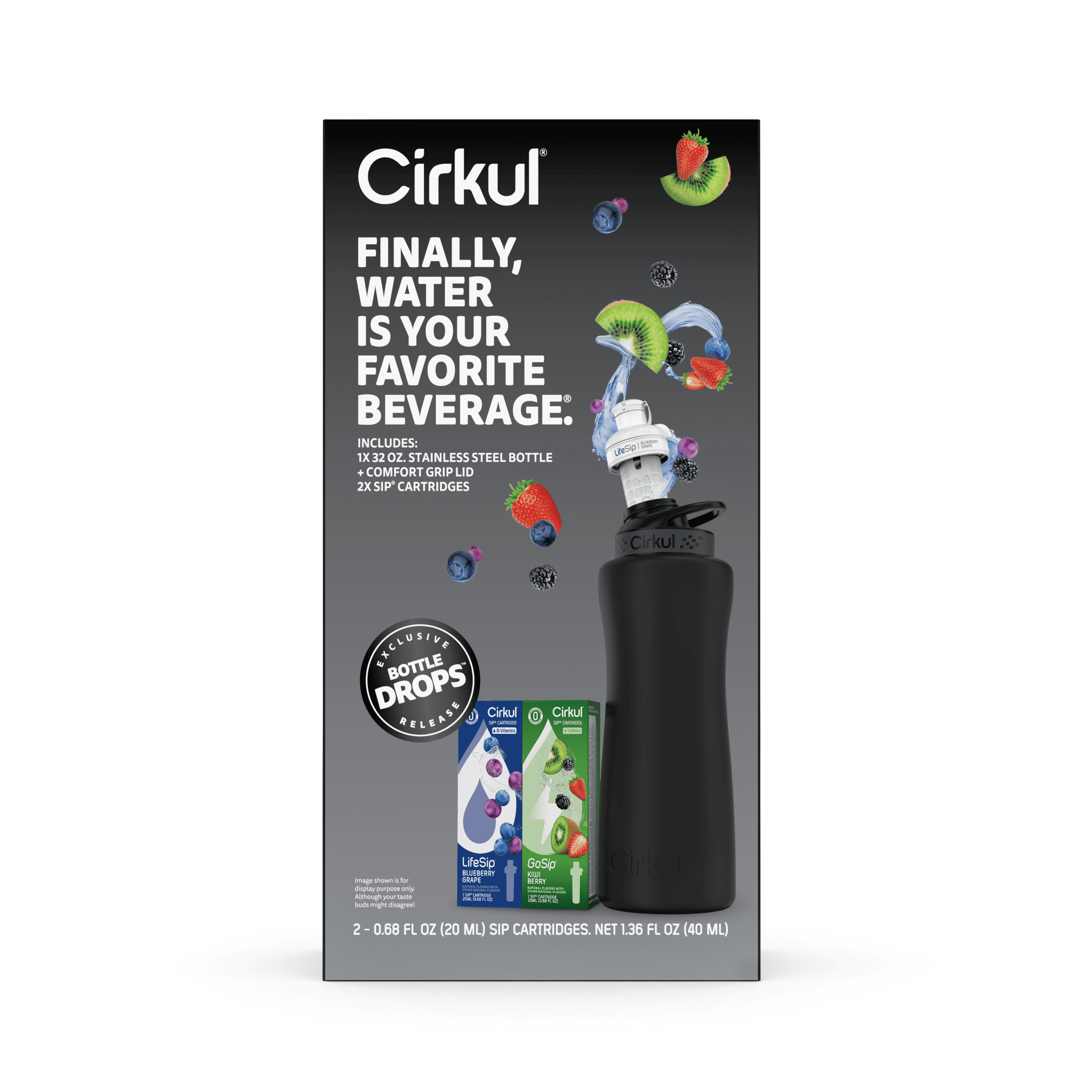 32oz Matte Black Stainless Steel Starter Kit with Matte Black  Lid 2.0 and 2 Flavor Cartridges (Blueberry Grape &amp; Kiwi Berry)
