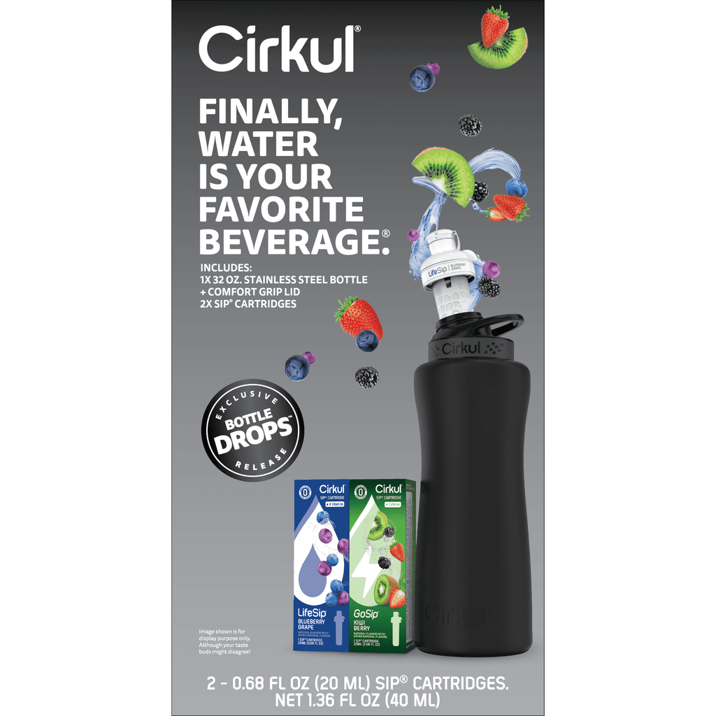 32oz Matte Black Stainless Steel Starter Kit with Matte Black  Lid 2.0 and 2 Flavor Cartridges (Blueberry Grape &amp; Kiwi Berry)