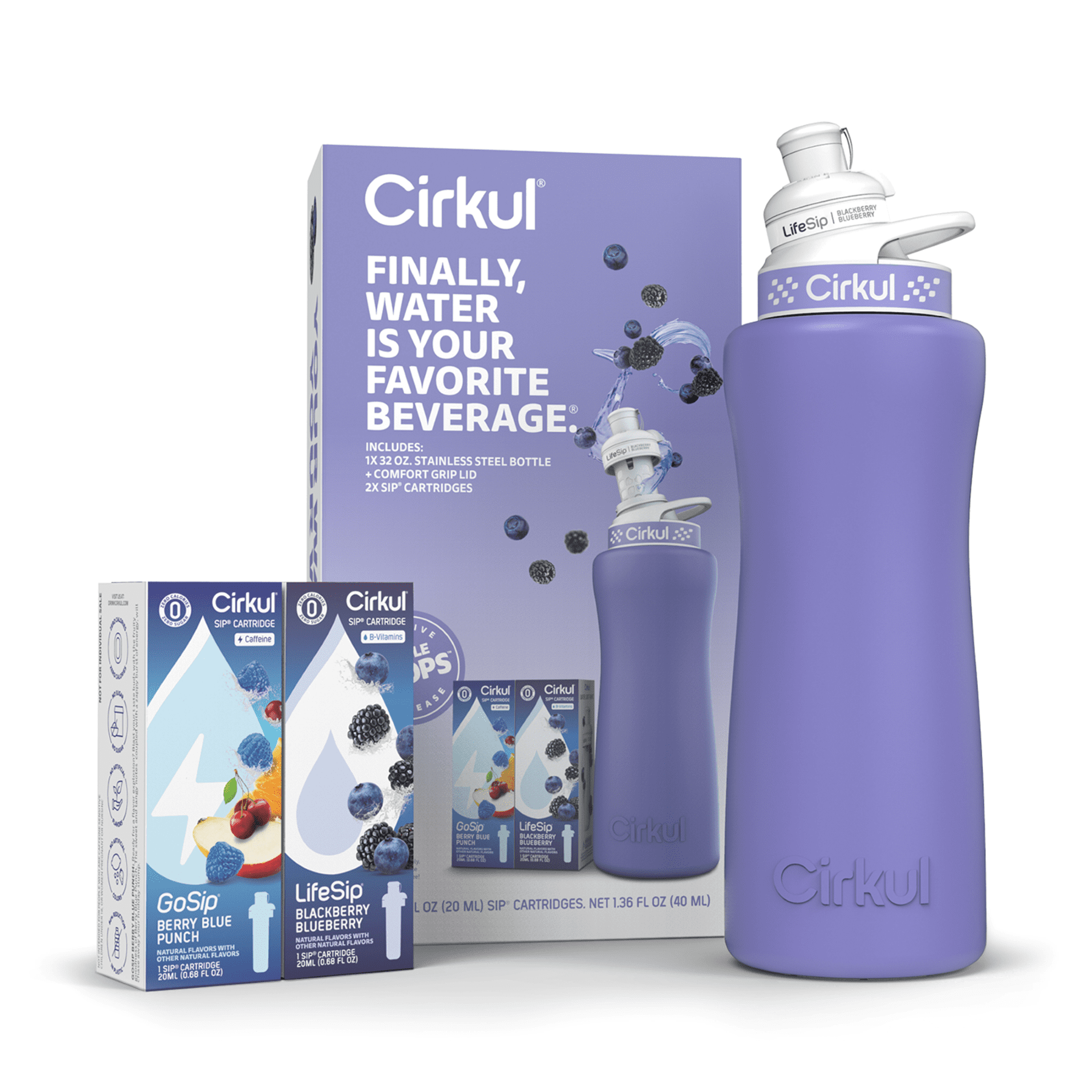 32oz Matte Black Stainless Steel Starter Kit with Matte Black  Lid 2.0 and 2 Flavor Cartridges (Blueberry Grape &amp; Kiwi Berry)
