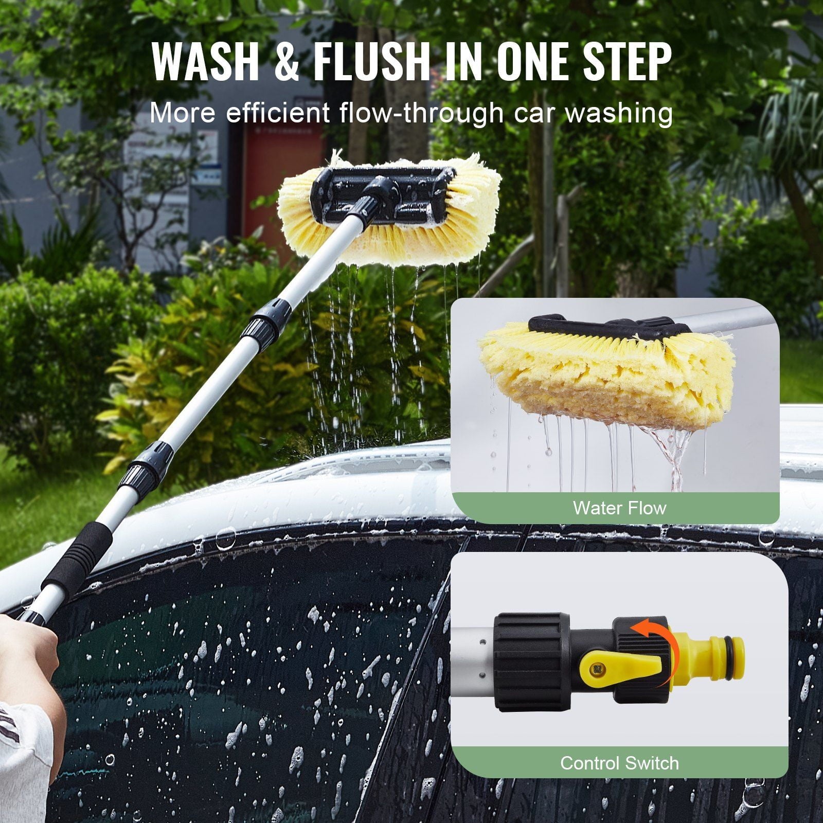 66.7-Inch Car Wash Brush with 12-Inch Soft PVC Bristle Head | Long Handle Car Cleaning Tool for Vehicles, SUVs, Trucks &amp; RVs | Scratch-Free Safe Scrubbing
