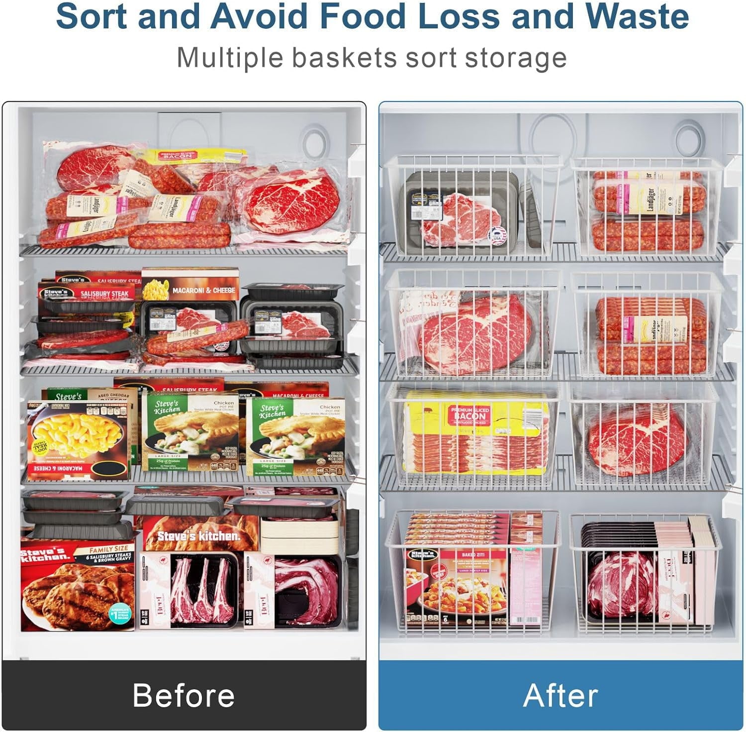 Freezer Organizer Bins - 4 Pack Upright Freezer Baskets for 16/17 / 21 Cu.Ft Stand up Freezer, Easily Get Food, Stop Food Fall out from Freezer Better Ventilation, 2 Large 2 Medium, White