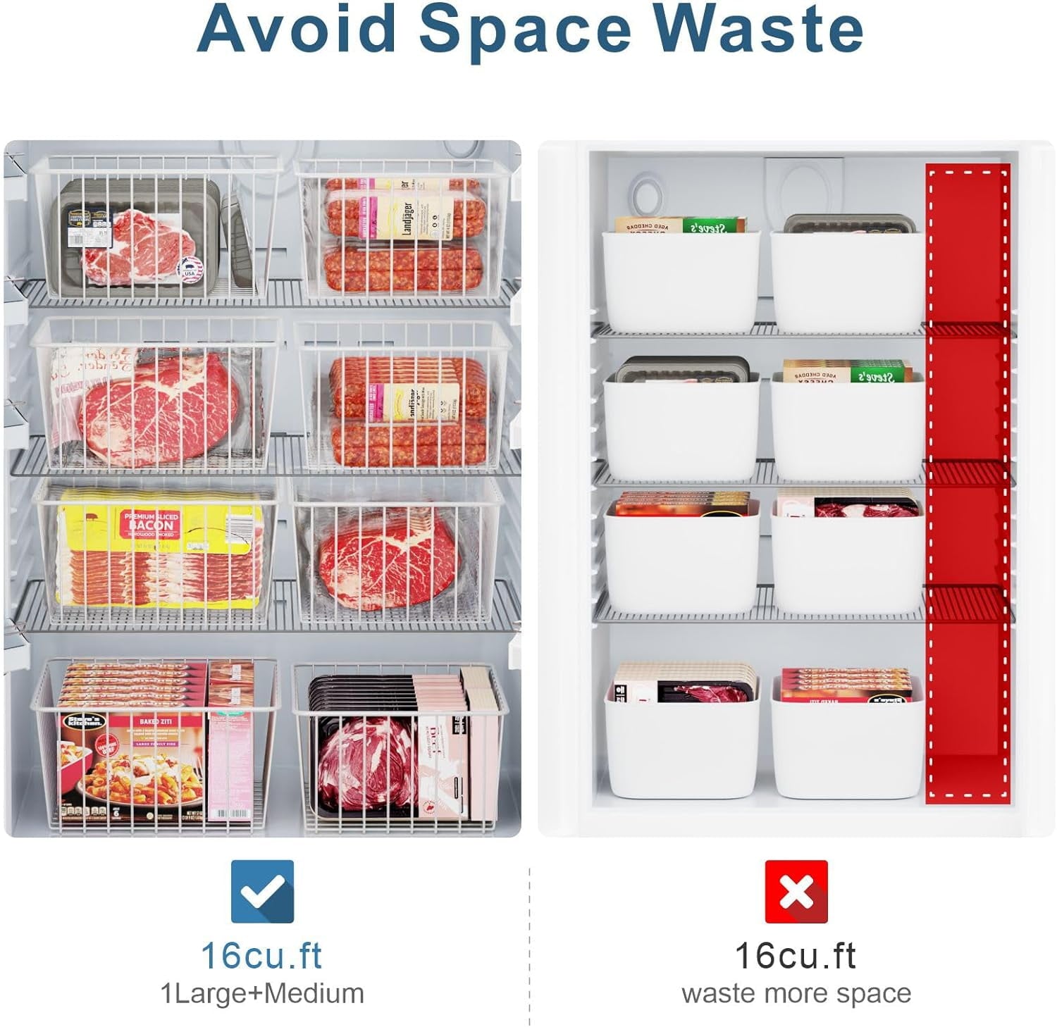 Freezer Organizer Bins - 4 Pack Upright Freezer Baskets for 16/17 / 21 Cu.Ft Stand up Freezer, Easily Get Food, Stop Food Fall out from Freezer Better Ventilation, 2 Large 2 Medium, White