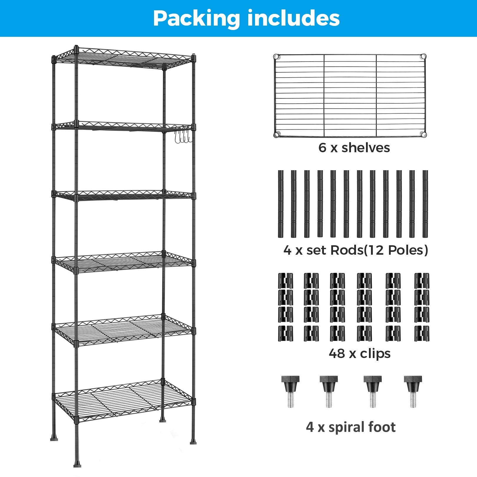 6-Tier Shelf Rack Wire Shelving Unit Storage Height Adjustable Metal Shelf with 4 Side Hooks, 260lbs Capacity Free Standing Rack Organization for Kitchen Bedroom Garage