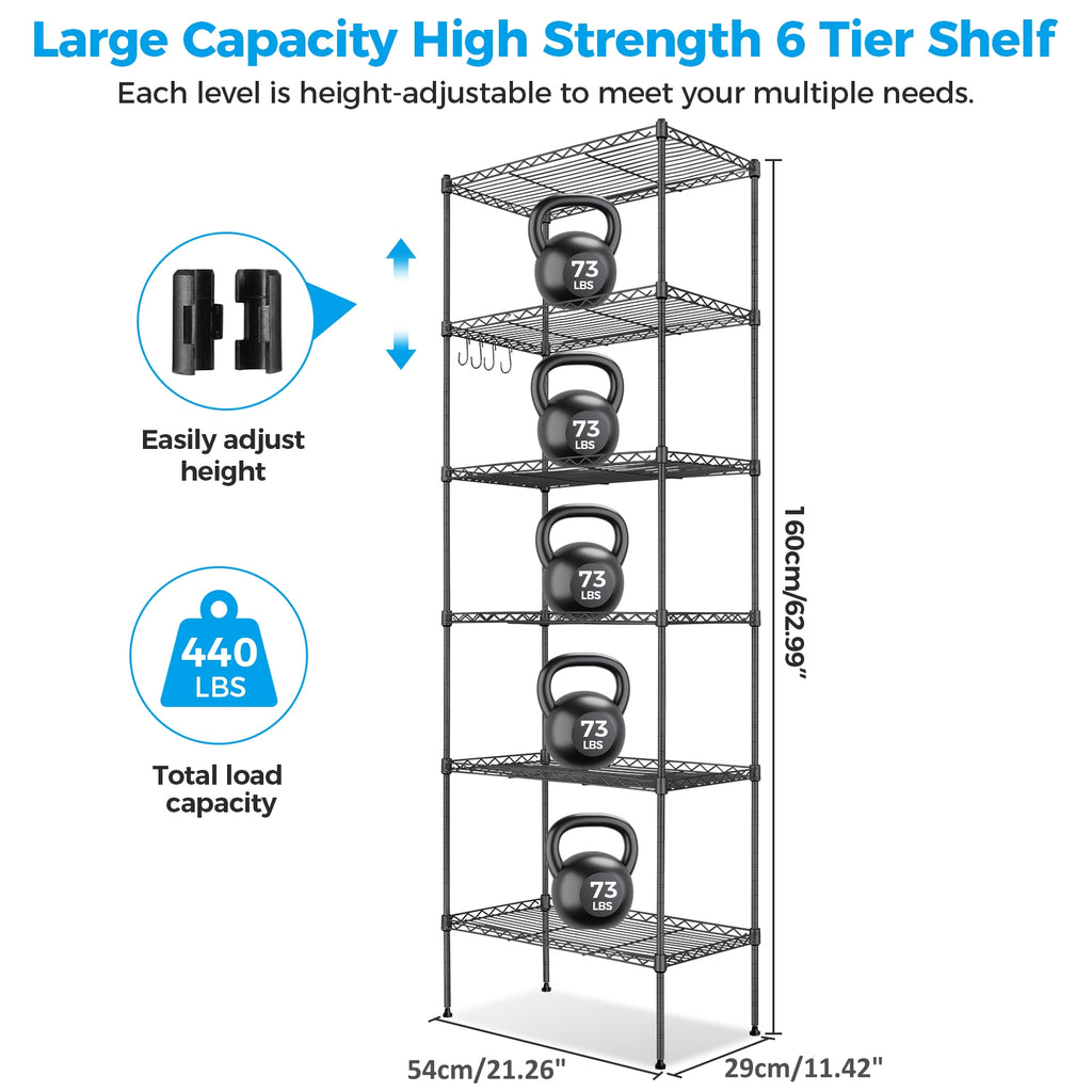 6-Tier Shelf Rack Wire Shelving Unit Storage Height Adjustable Metal Shelf with 4 Side Hooks, 260lbs Capacity Free Standing Rack Organization for Kitchen Bedroom Garage