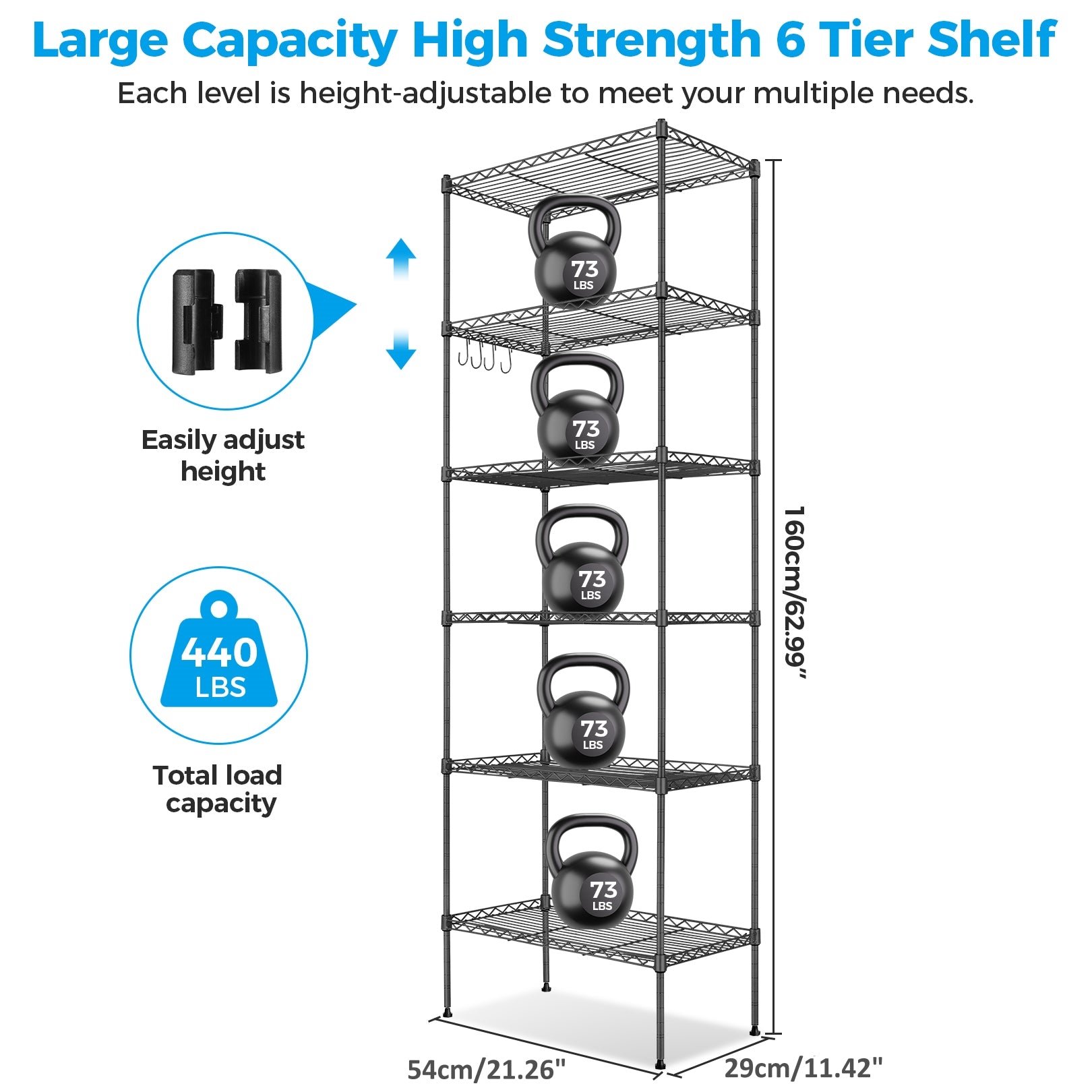 6-Tier Shelf Rack Wire Shelving Unit Storage Height Adjustable Metal Shelf with 4 Side Hooks, 260lbs Capacity Free Standing Rack Organization for Kitchen Bedroom Garage