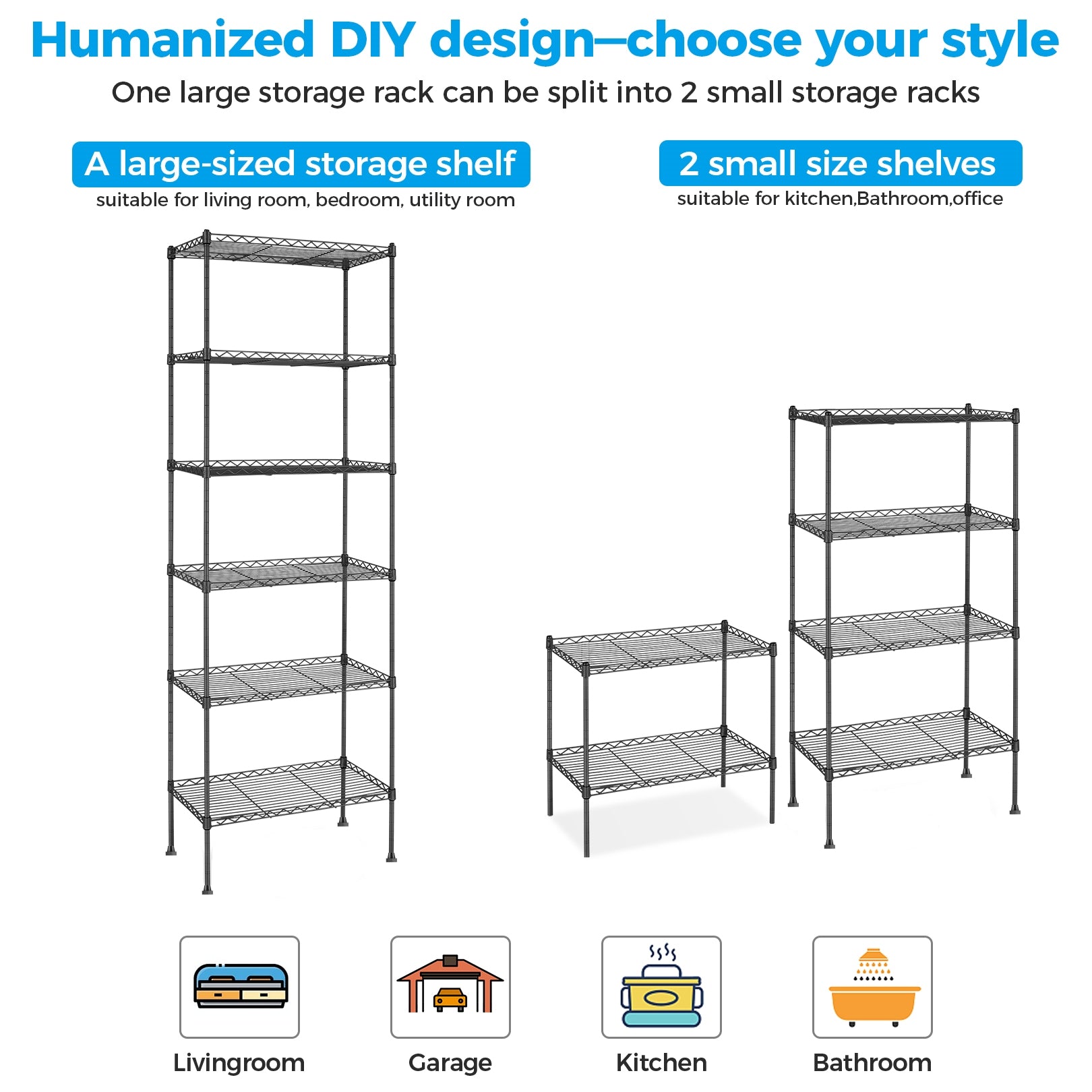 6-Tier Shelf Rack Wire Shelving Unit Storage Height Adjustable Metal Shelf with 4 Side Hooks, 260lbs Capacity Free Standing Rack Organization for Kitchen Bedroom Garage