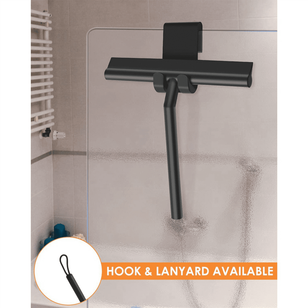 2X Silicone Shower Squeegee with Hook &amp; Lanyard, Black Window Glass , Mirror Screen Wiper, Multi Cleaner