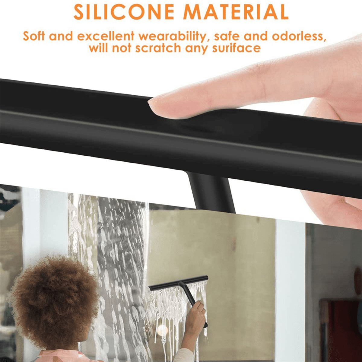 2X Silicone Shower Squeegee with Hook &amp; Lanyard, Black Window Glass , Mirror Screen Wiper, Multi Cleaner