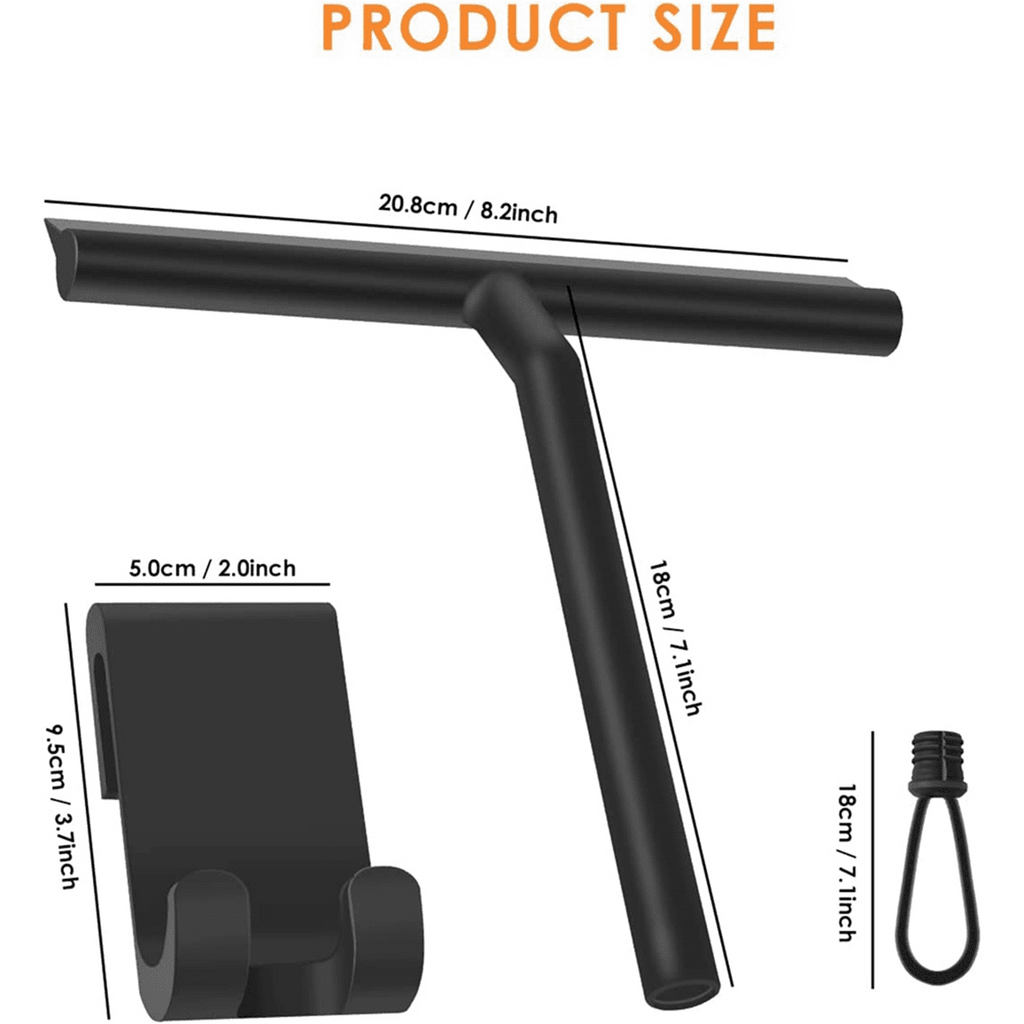 2X Silicone Shower Squeegee with Hook &amp; Lanyard, Black Window Glass , Mirror Screen Wiper, Multi Cleaner