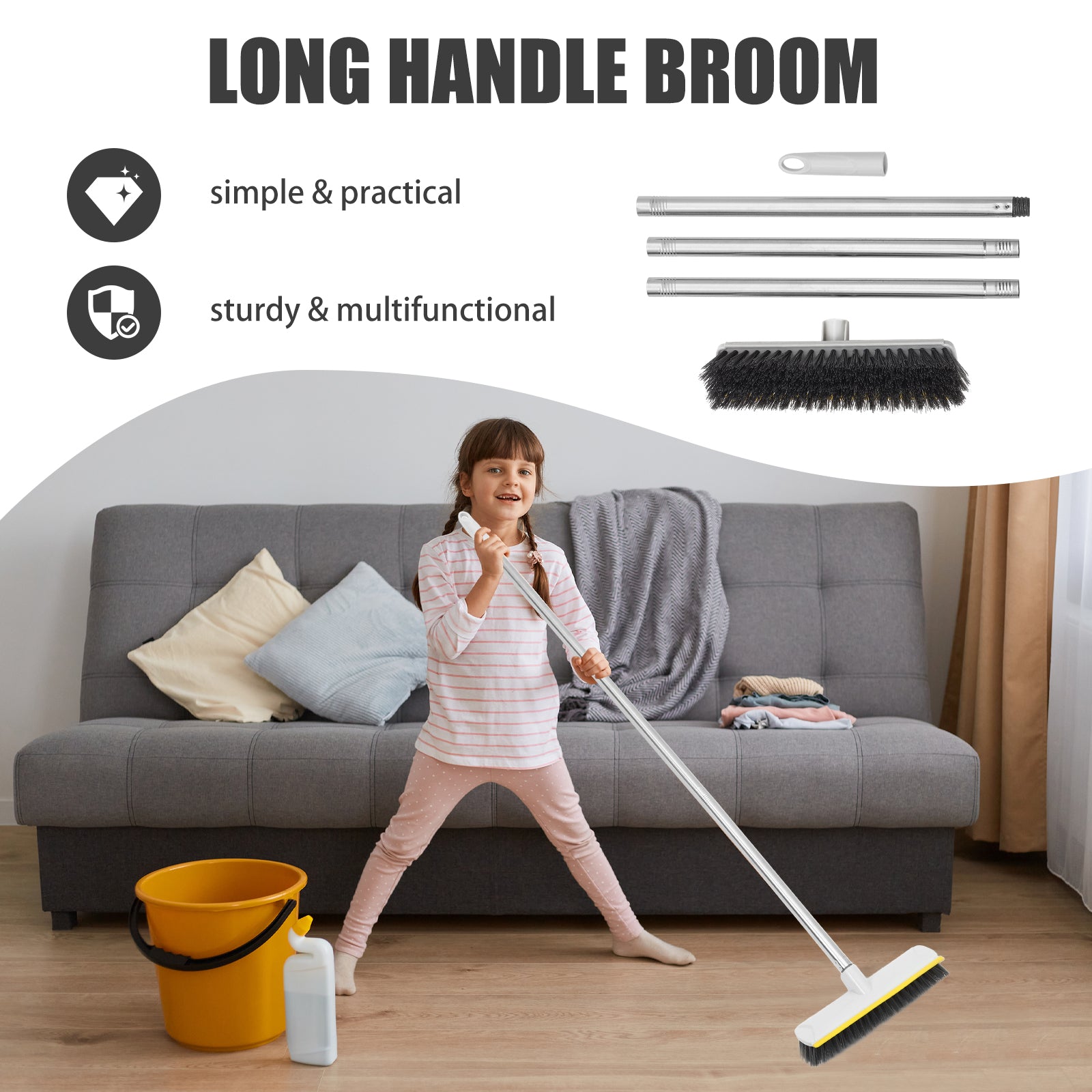 Indoor Broom Long Handle Sweeping Broom for Bathroom Camping and House Use