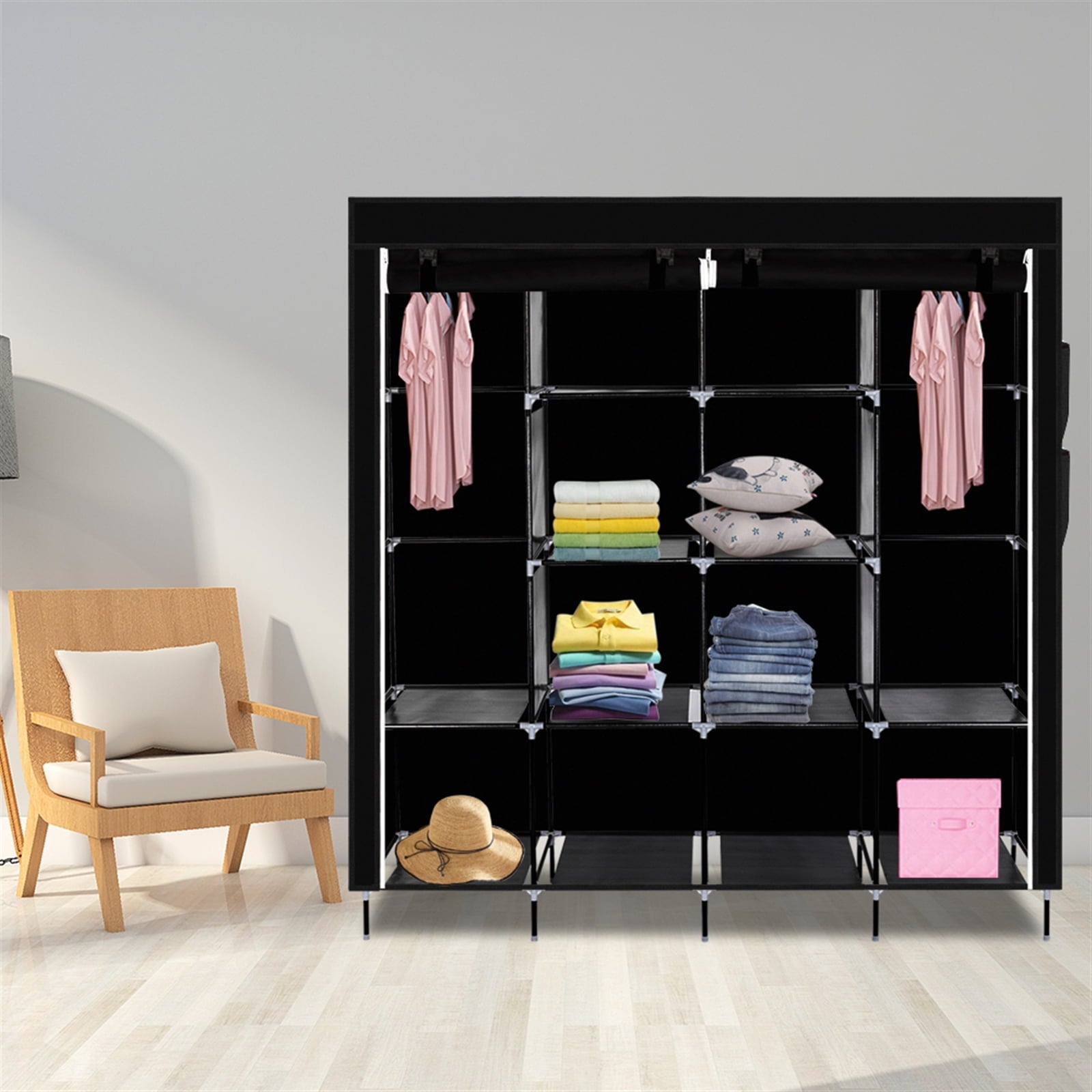 67" Portable Closet with 12 Shelves &amp; 4 Pockets - Heavy Duty Wardrobe Storage Organizer, No-Tool Assembly, Black Dust-Proof Cover